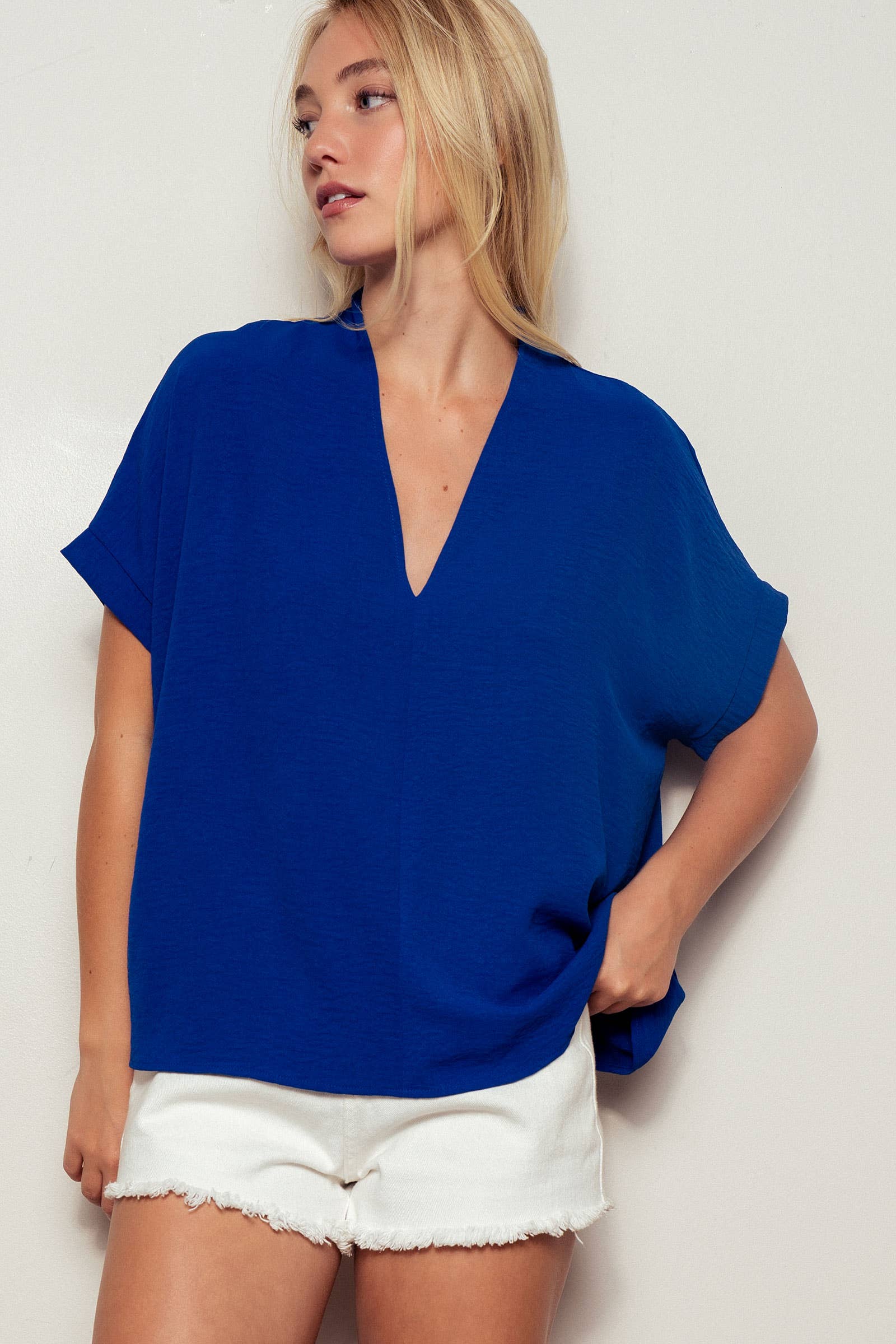 Urban Daizy Oversized V-Neck Folded Short Sleeve Top-GD Gd-Blue Blouse - Women's (UDZ-TP-00270)