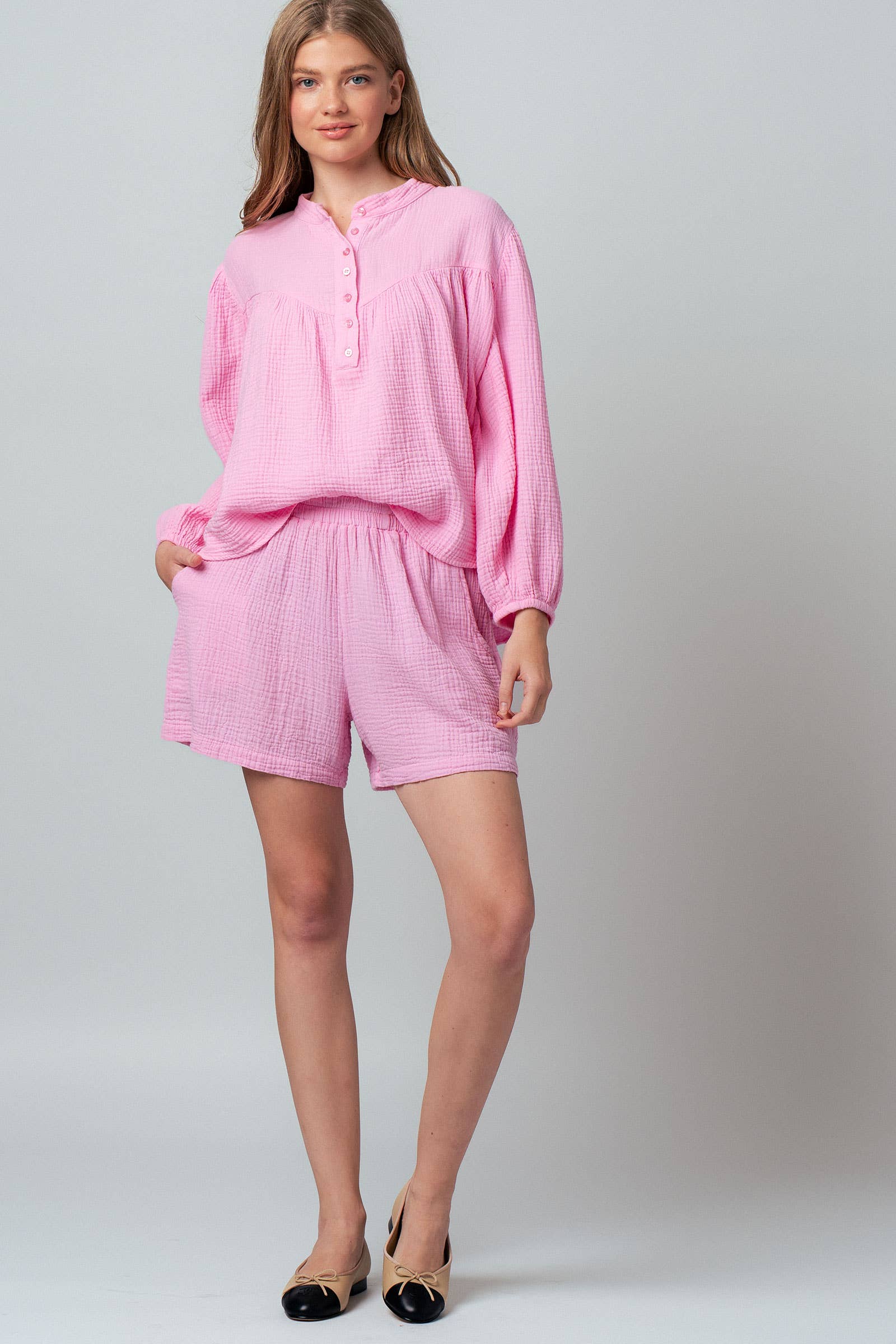Garment Dyed Cotton Gauze Button Down Top And Shorts Set