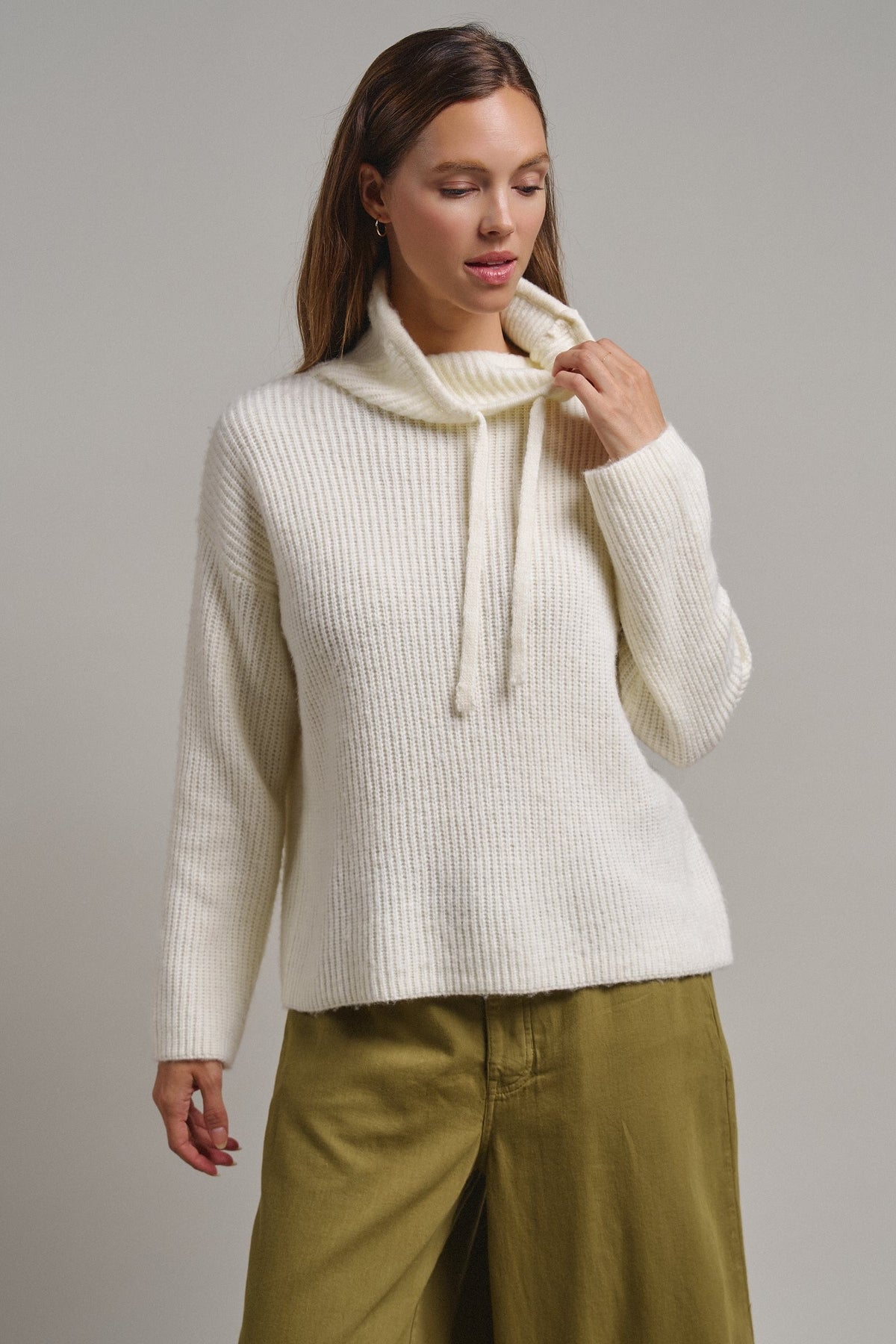 Ribbed Funnel Neck Knit Sweater in IVORY - Women's Sweaters | Urban Daizy