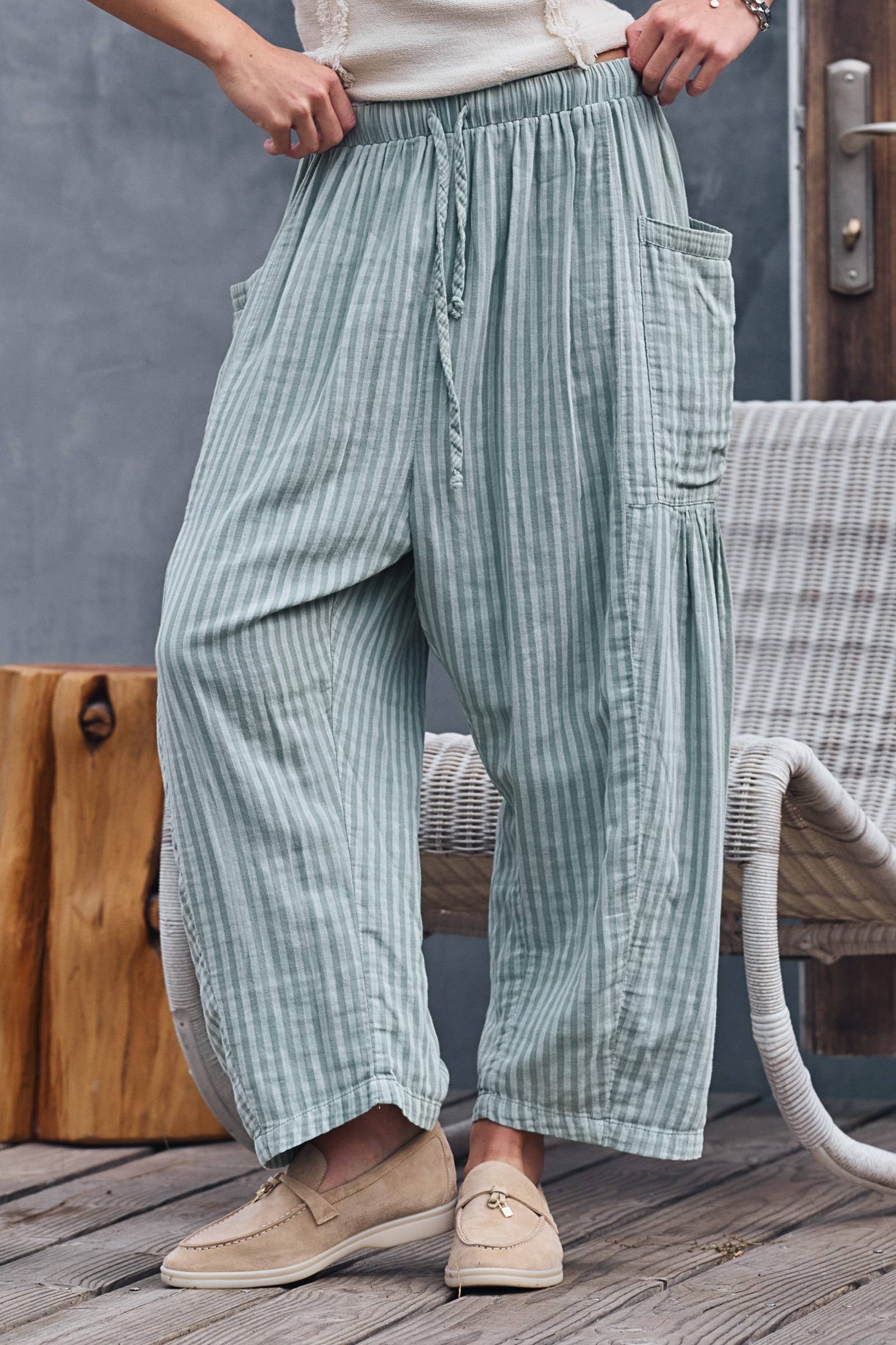Striped Cotton Drawstring Harem Pants