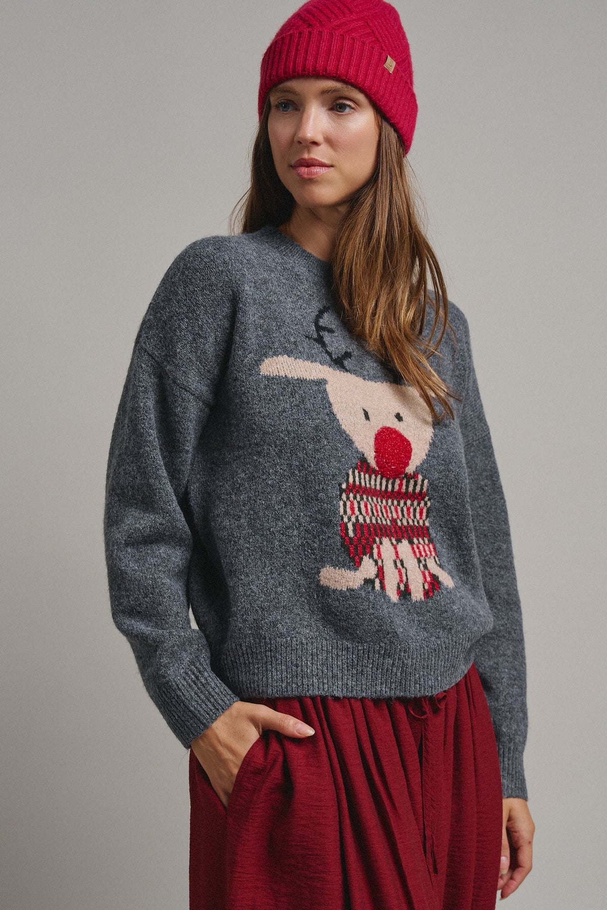Rudolph Crewneck Knit Sweater in GREY - Women's Sweaters | Urban Daizy