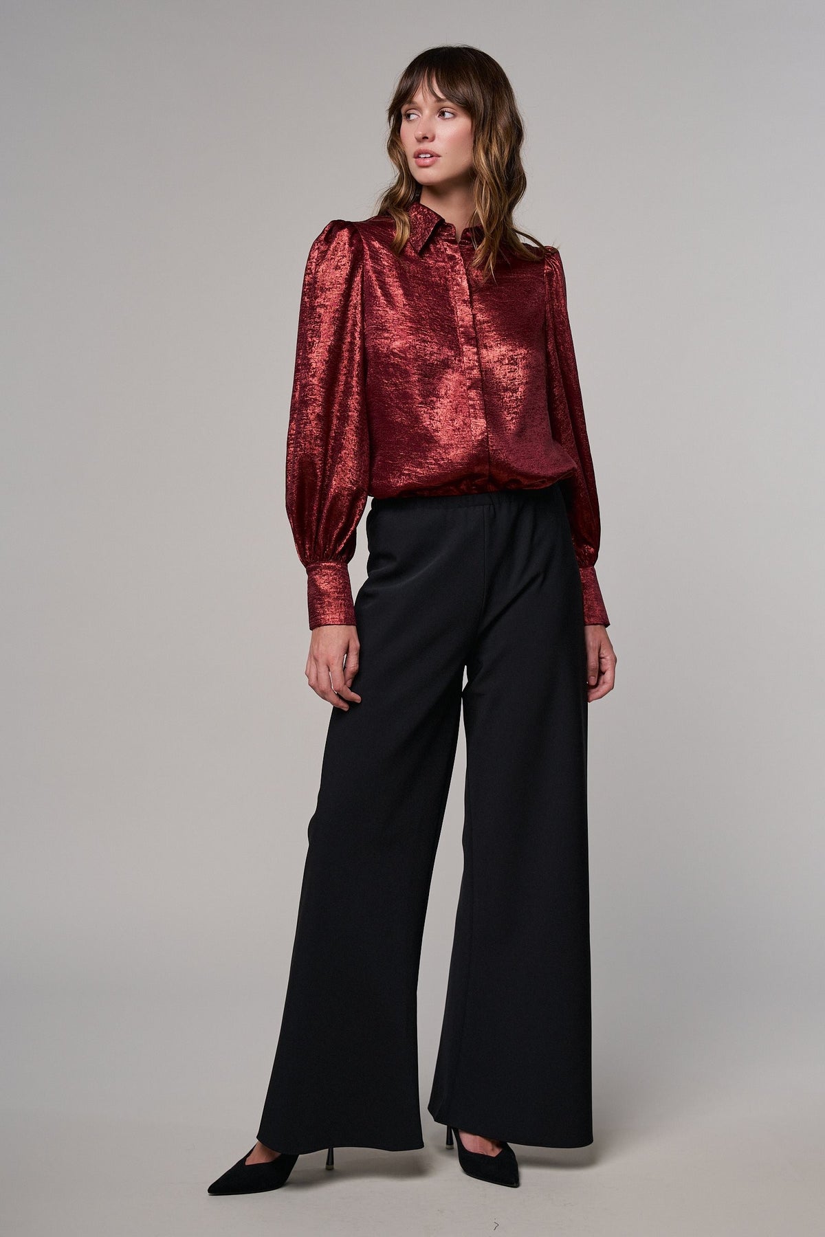 Metallic Shimmer Button Down Blouse with Puff Sleeves in BURGUNDY - Women's Shirts & Blouses | Urban Daizy