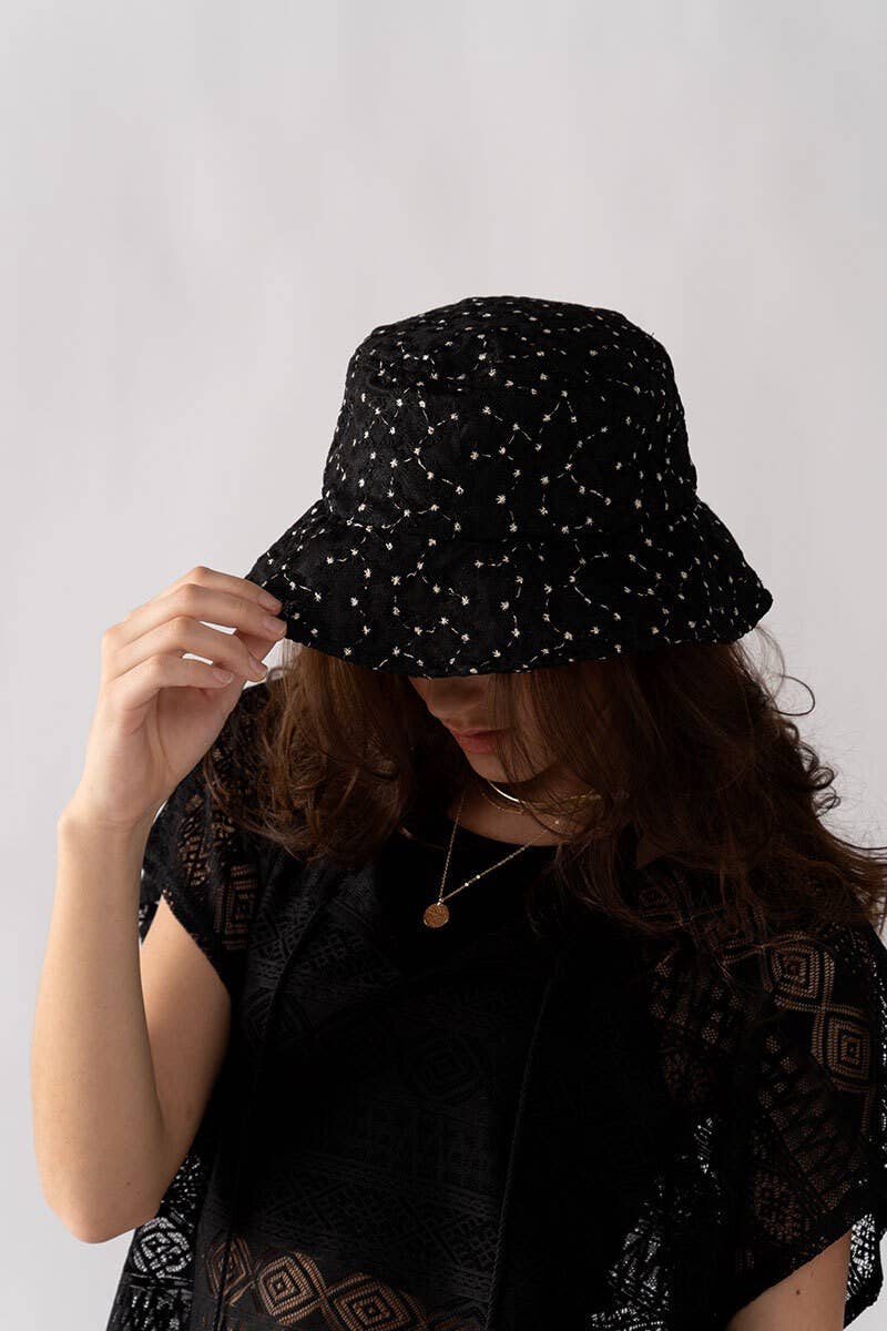 Urban Daizy Spring Floral Embroidered Daisy Pattern Bucket Hat Black Bucket Hat - Women's (UDZ-AC-00033)