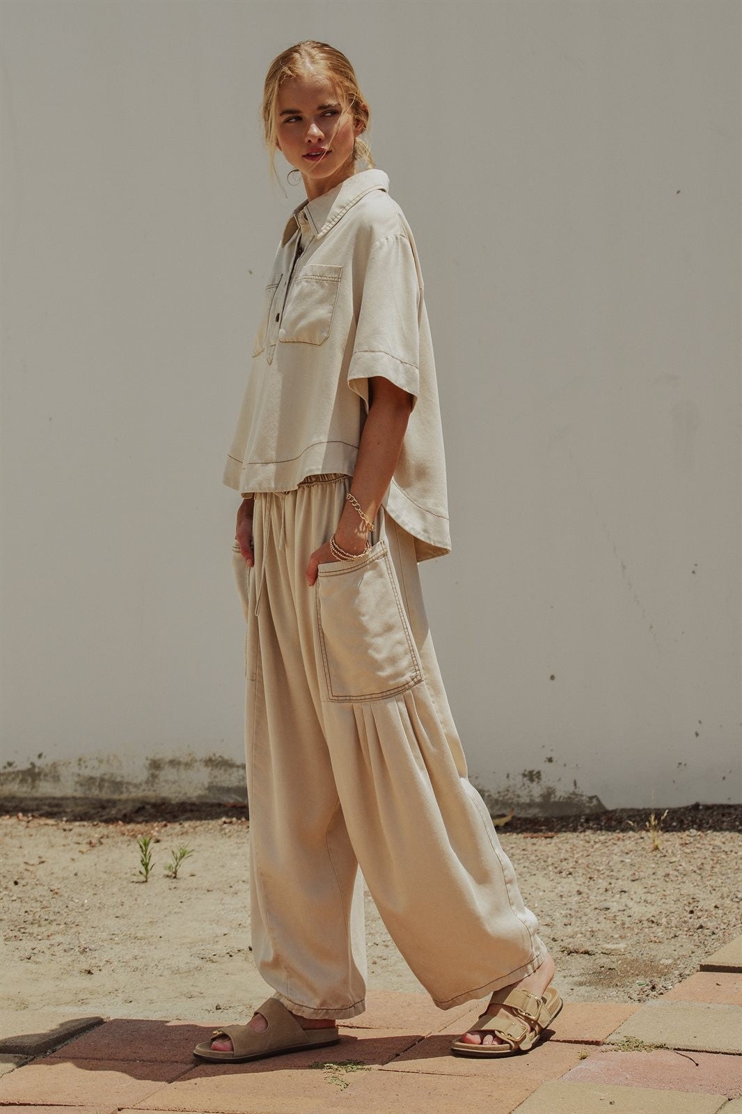 Washed Utility Wide-Leg Pants in TAUPE	 - Women's Casual Pants | Urban Daizy