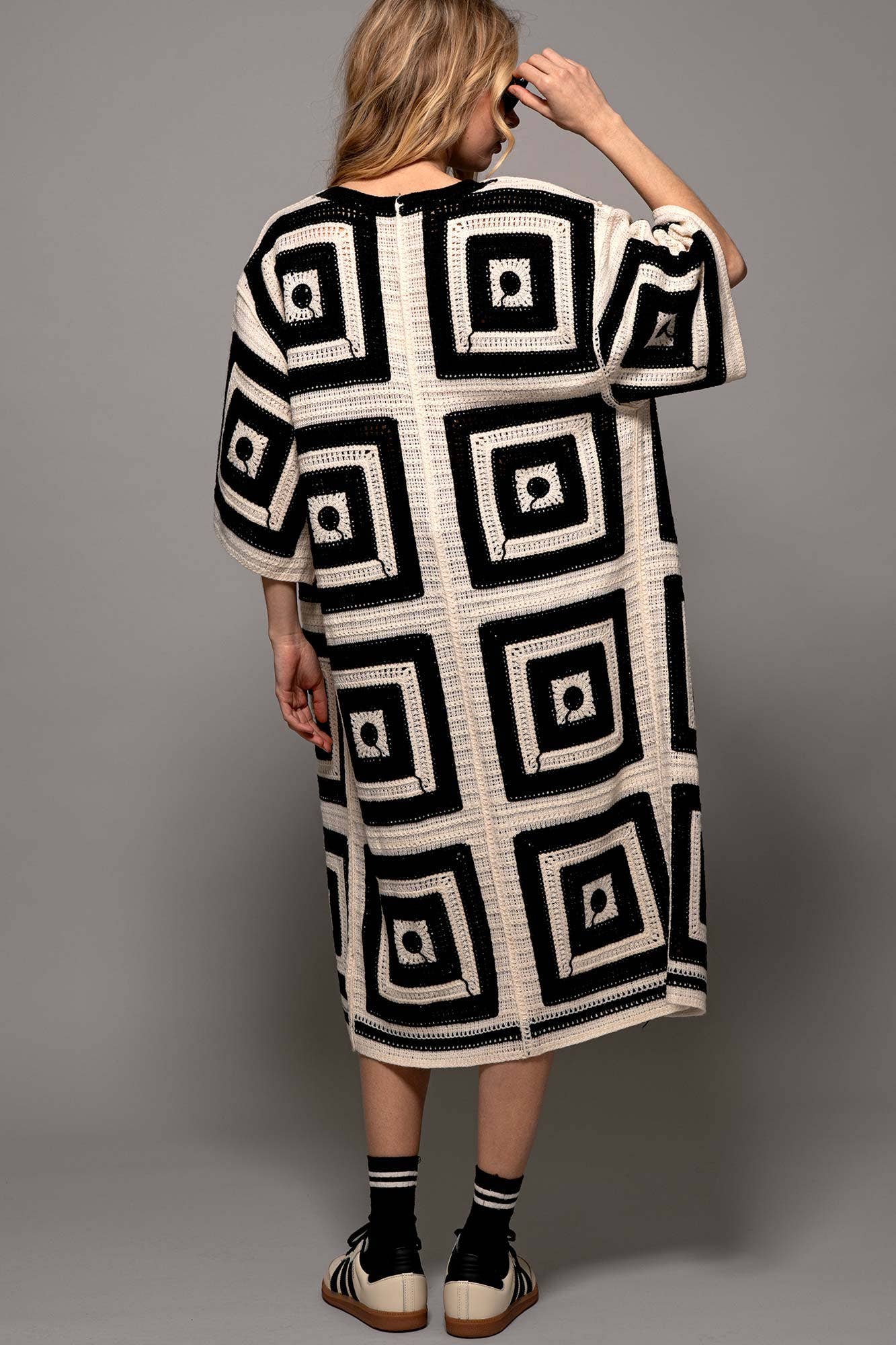 Urban Daizy Geometric Crochet Midi Length Open Front Cardigan Black Cardigan - Women's (UDZ-KN-00277)