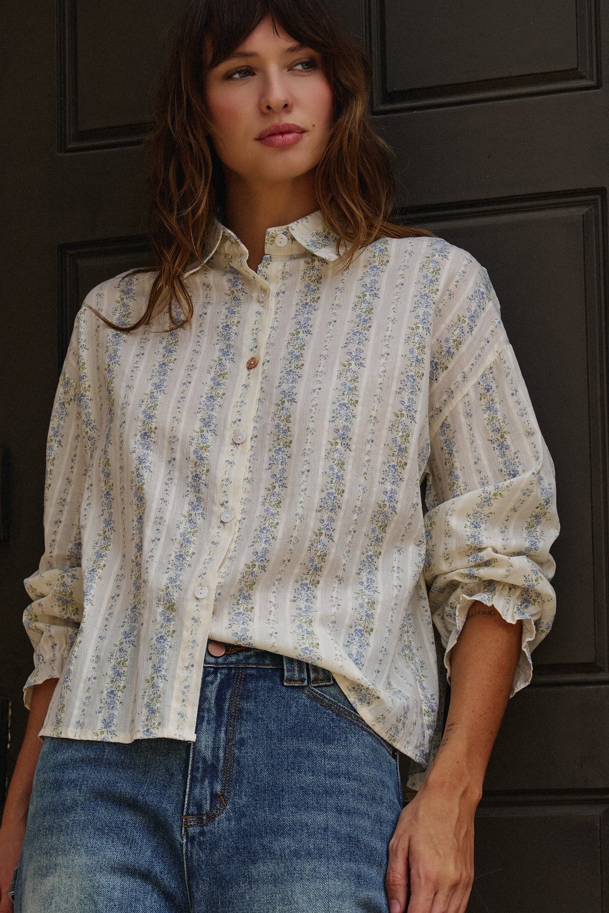 Blossom Whisper Stripe Button-Down Blouse in CREAM - Women's Shirts & Blouses | Urban Daizy