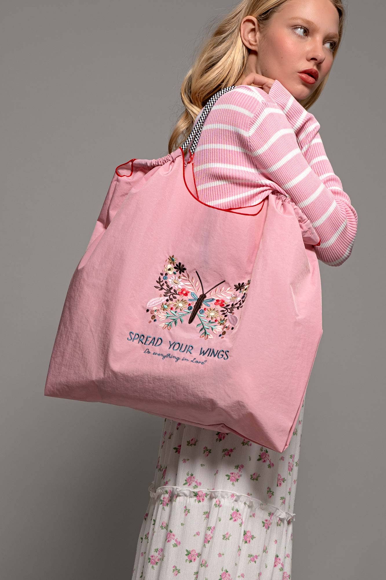 Urban Daizy Butterfly Floral Embroidered Oversized Tote Bag Pink Tote Bag - Women's (UDZ-DR-00388) – alternate view 2