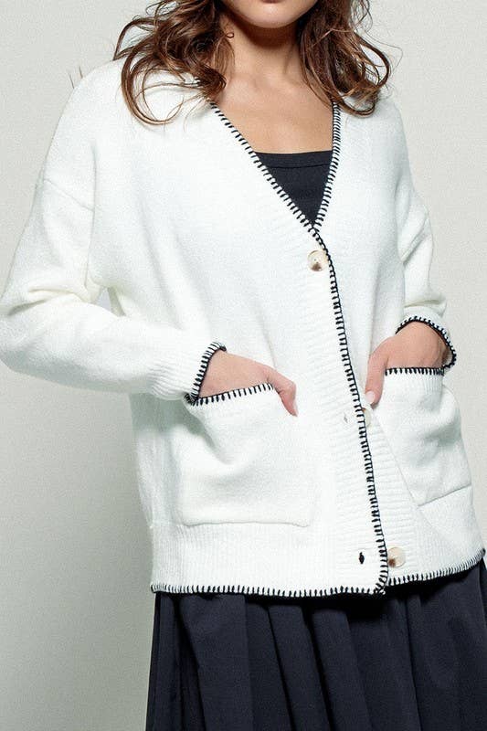 Urban Daizy Contrast Stitch Button Front Relaxed Knit Cardigan Ivory Cardigan - Women's (UDZ-KN-00413) – alternate view 11