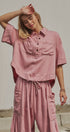 Washed Utility Half-Placket Cropped Shirt in PINK - Women's Tops | Urban Daizy