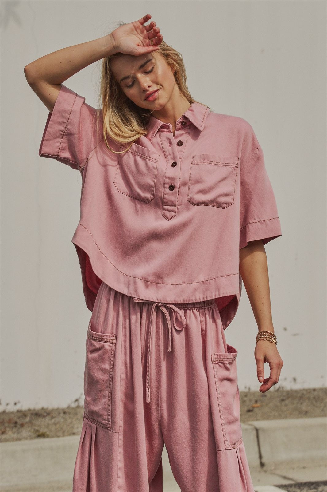 Washed Utility Half-Placket Cropped Shirt in PINK - Women's Tops | Urban Daizy