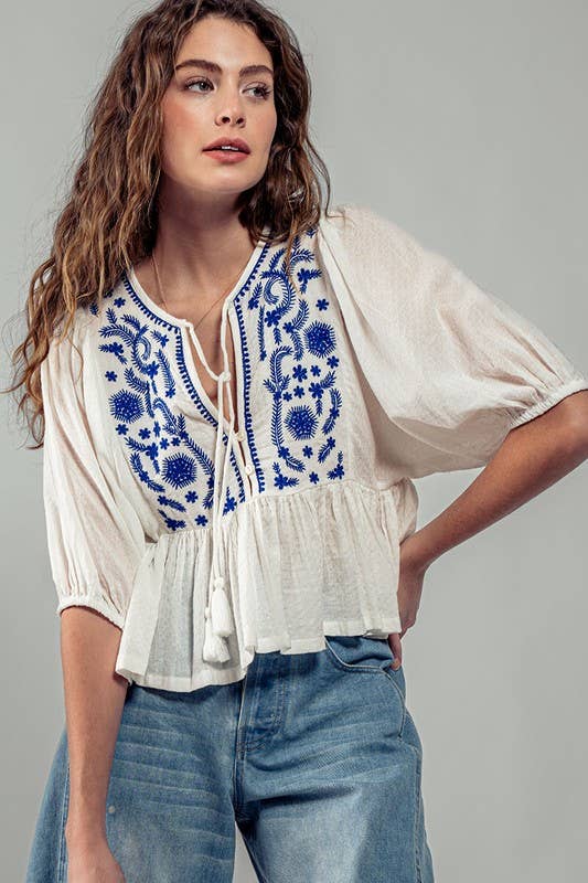 Urban Daizy Boho Embroidered Puff Sleeve Ruffle Blouse White Blouse - Women's (UDZ-TP-00705) – alternate view 12