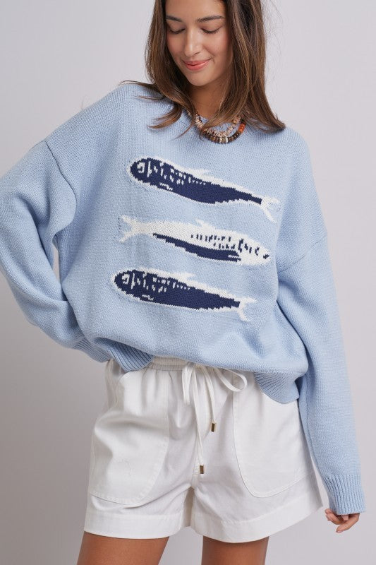 Seaside Sardine Oversized Summer Knit Sweater in BLUE - Women's Sweaters | Urban Daizy