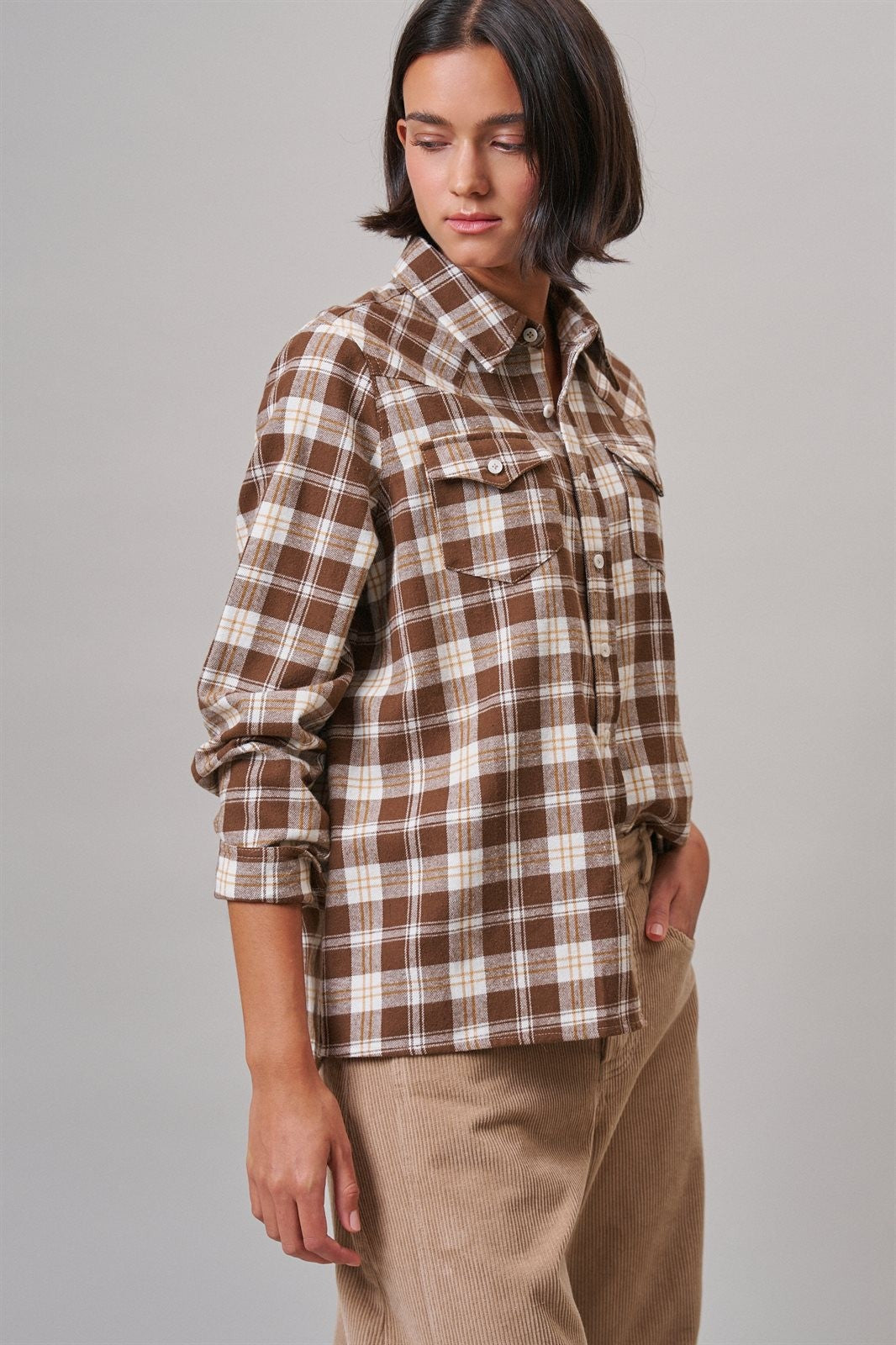 Buffalo Plaid Cropped Flannel Button Down Shirt