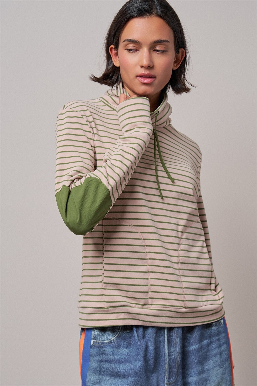 Striped Cowl Neck Drawstring Pullover Sweatshirt in PINK - Women's Sweatshirts & Hoodies | Urban Daizy