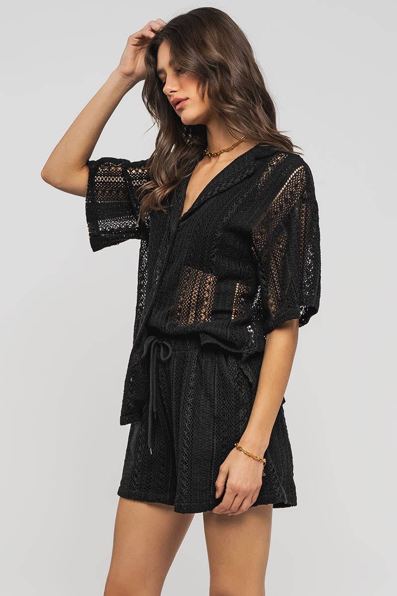 Urban Daizy Open Knit Button-Down Oversized Shirt Black Button Down Shirt - Women's (UDZ-TP-00111) – alternate view 11