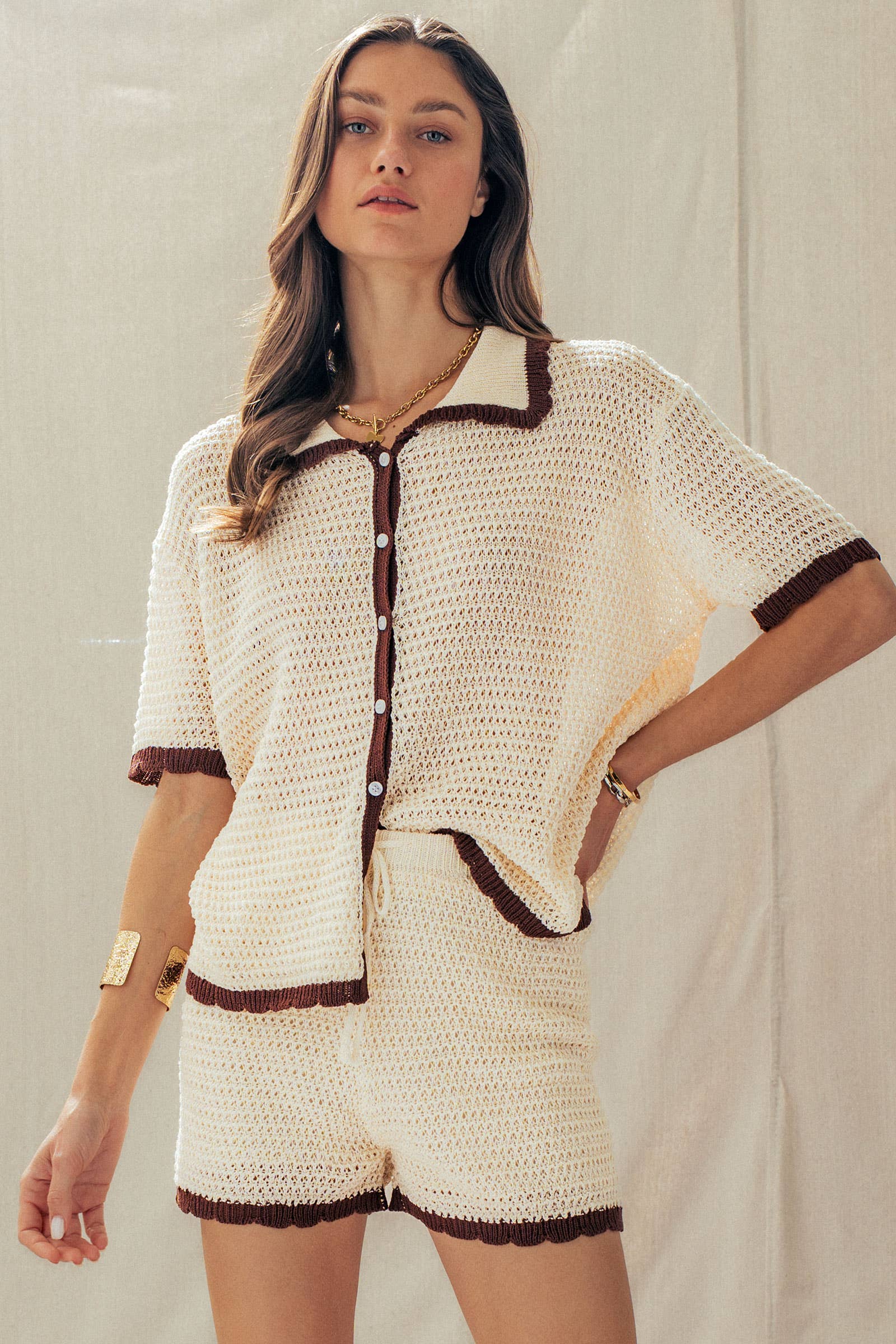 Urban Daizy Contrast Trim Crochet Knit Two-Piece Set Ivory-Brown Lounge Set - Women's (UDZ-AC-00233) – alternate view 5