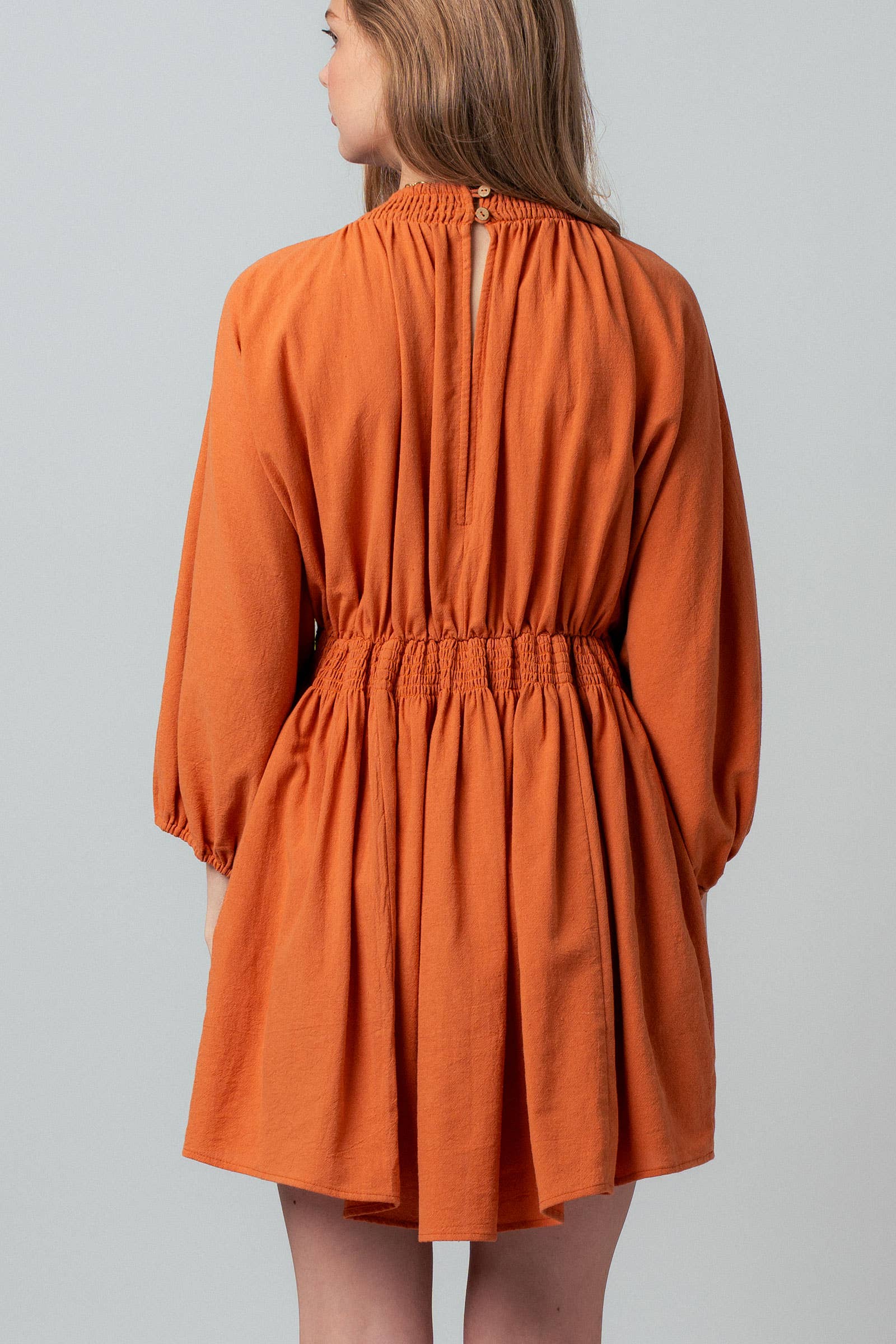 Urban Daizy Smocked V-Neck Balloon Sleeve Cotton Mini Dress Burnt-Orange Dress - Women's (UDZ-DR-00480) – alternate view 10