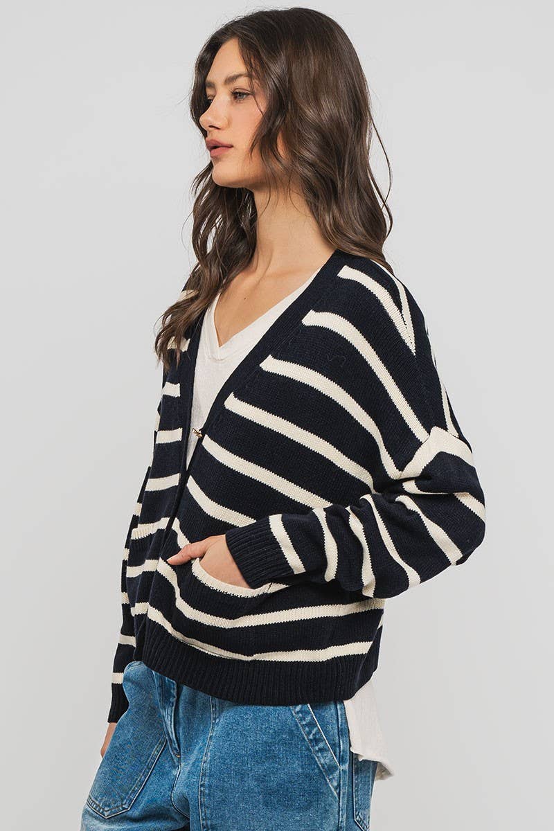 Urban Daizy Striped Cropped V Neck Embellished Button Cardigan Navy Ivory Cardigan - Women's (UDZ-KN-00501) – alternate…
