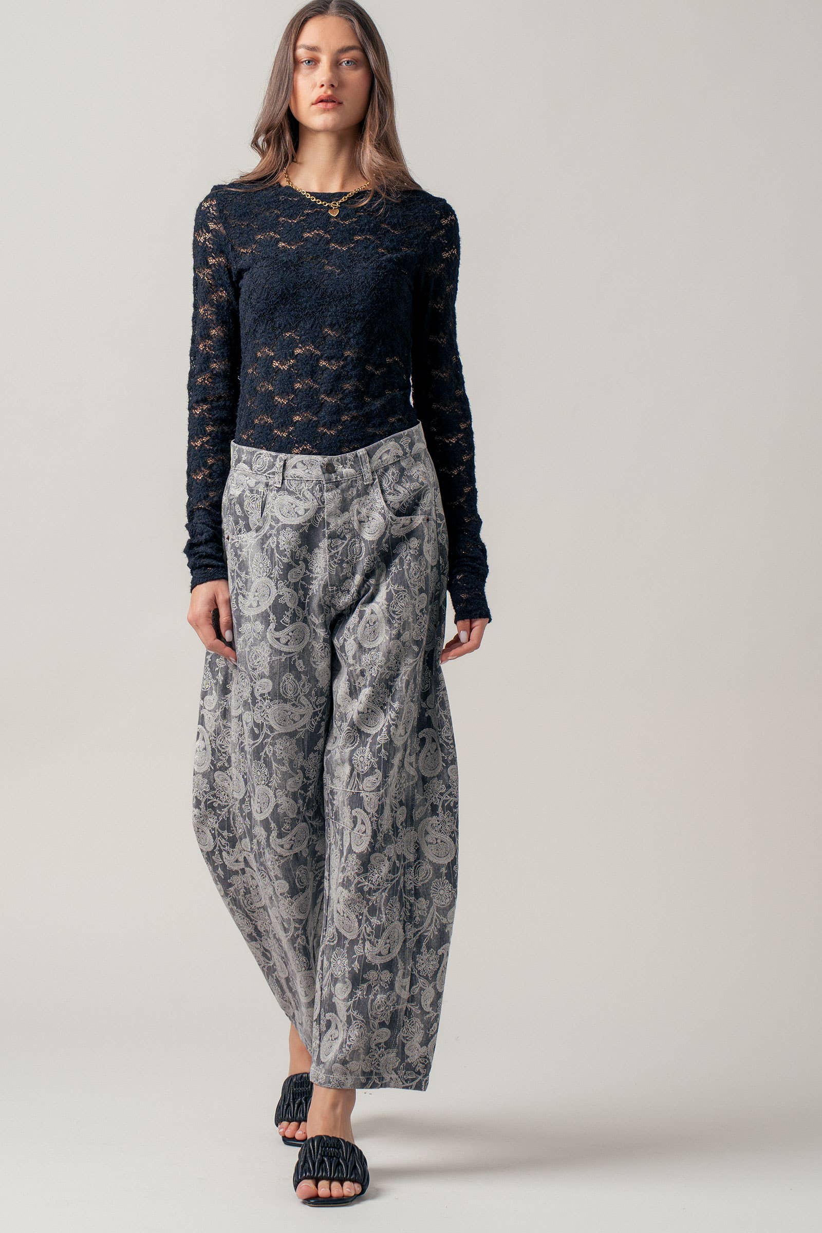 Paisley Print Cropped Wide Leg Pants