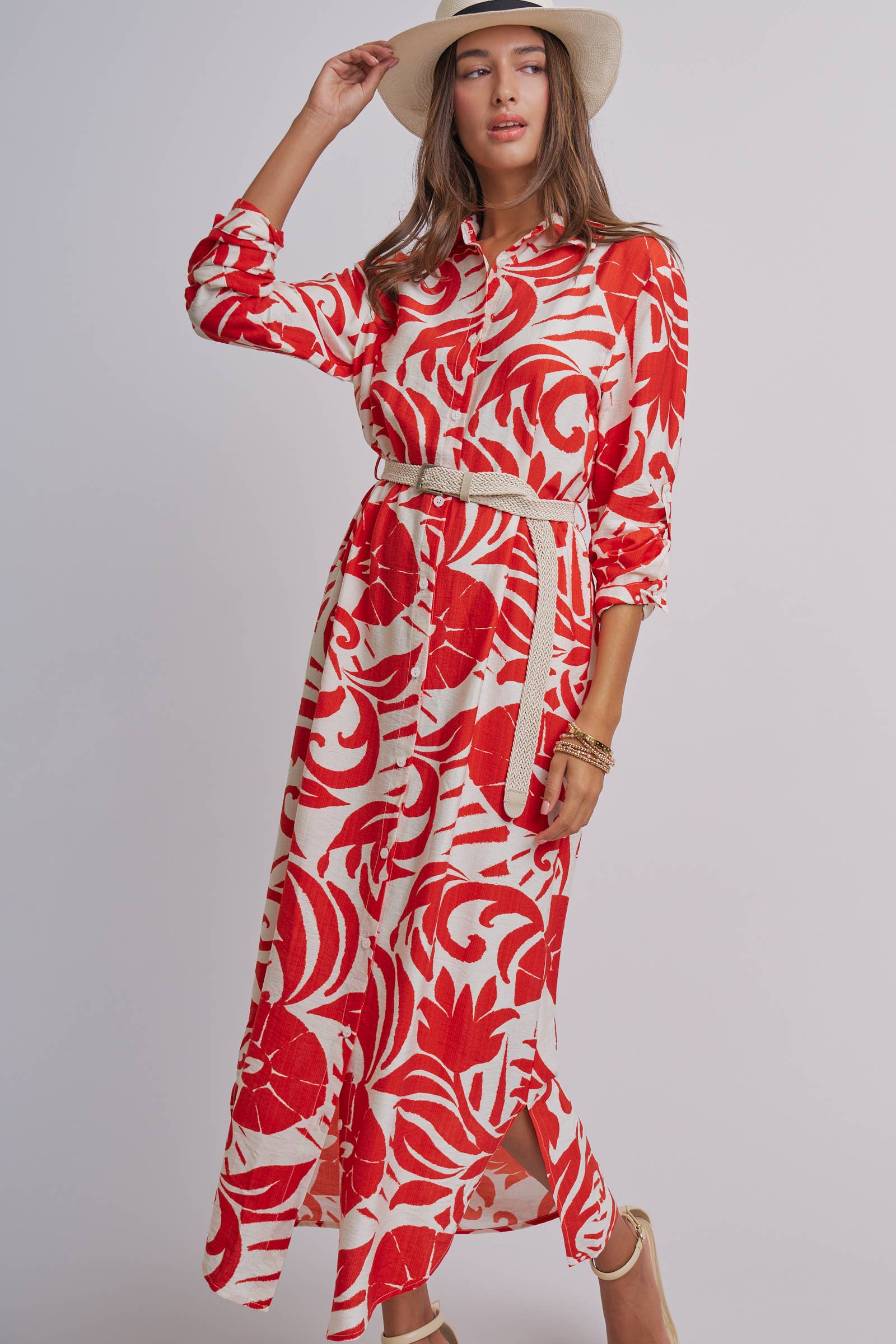 Abstract Floral Belted Button Down Shirt Dress