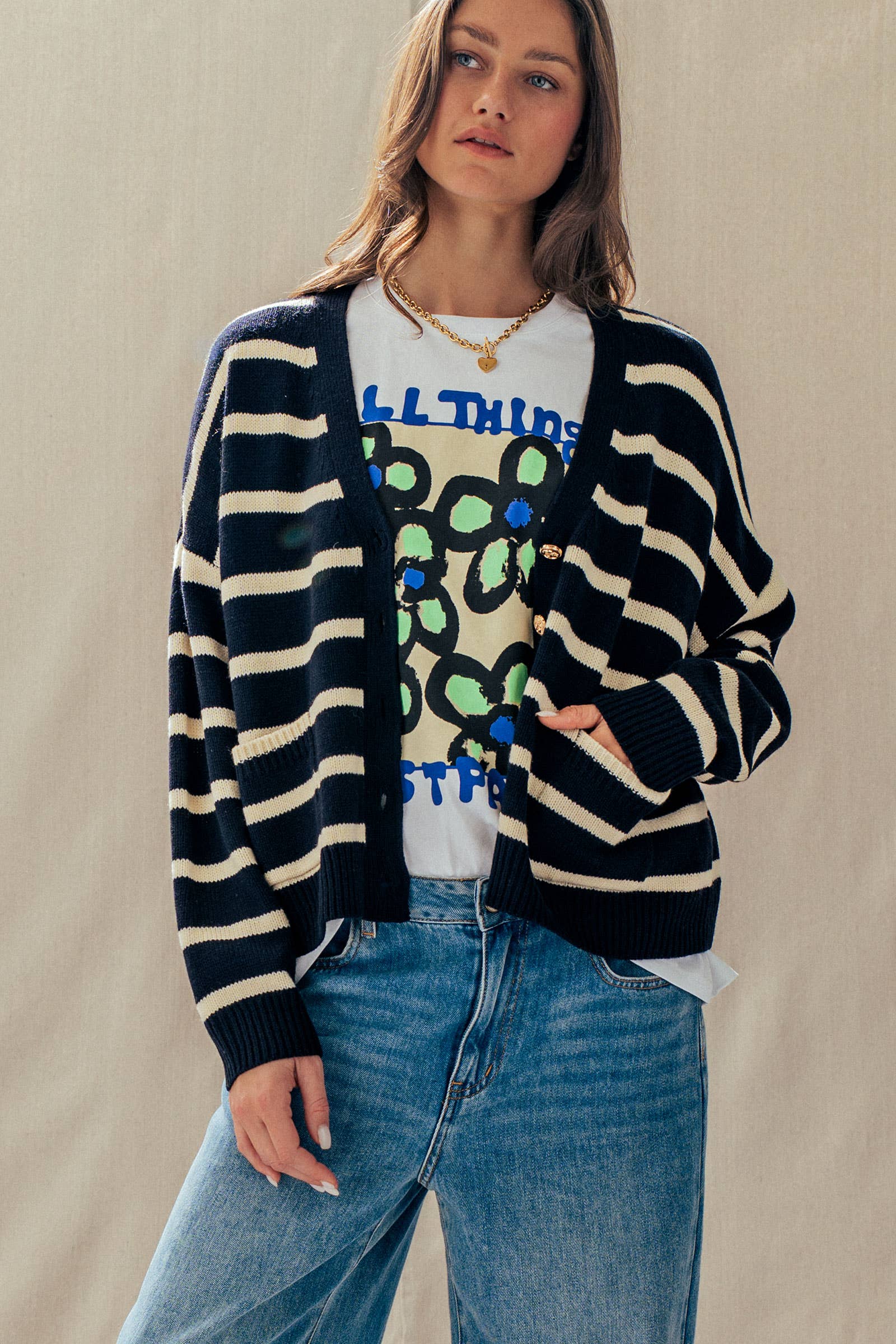 Striped Cropped V Neck Embellished Button Cardigan