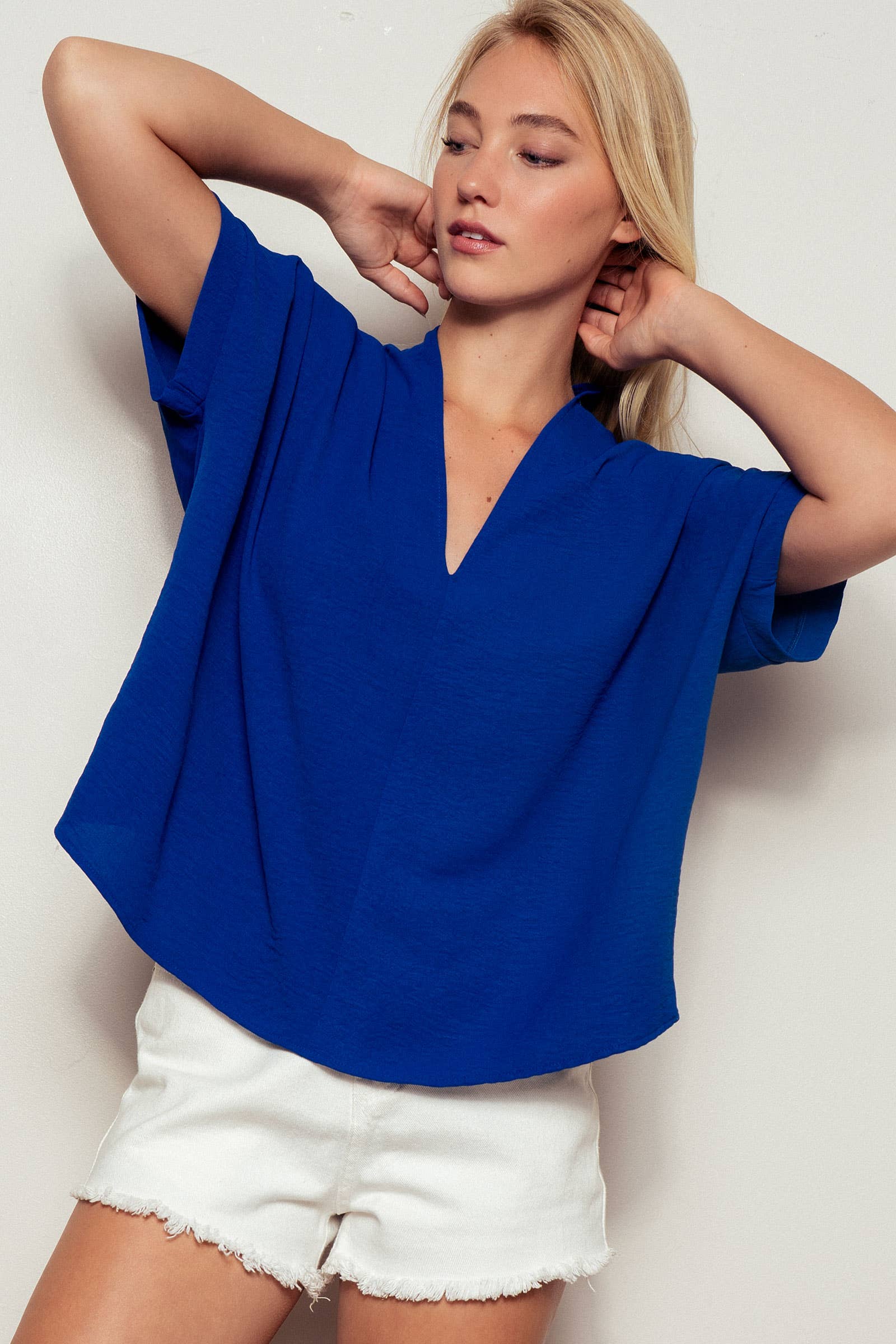 Urban Daizy Oversized V-Neck Folded Short Sleeve Top-GD Gd-Blue Blouse - Women's (UDZ-TP-00270) – alternate view 10