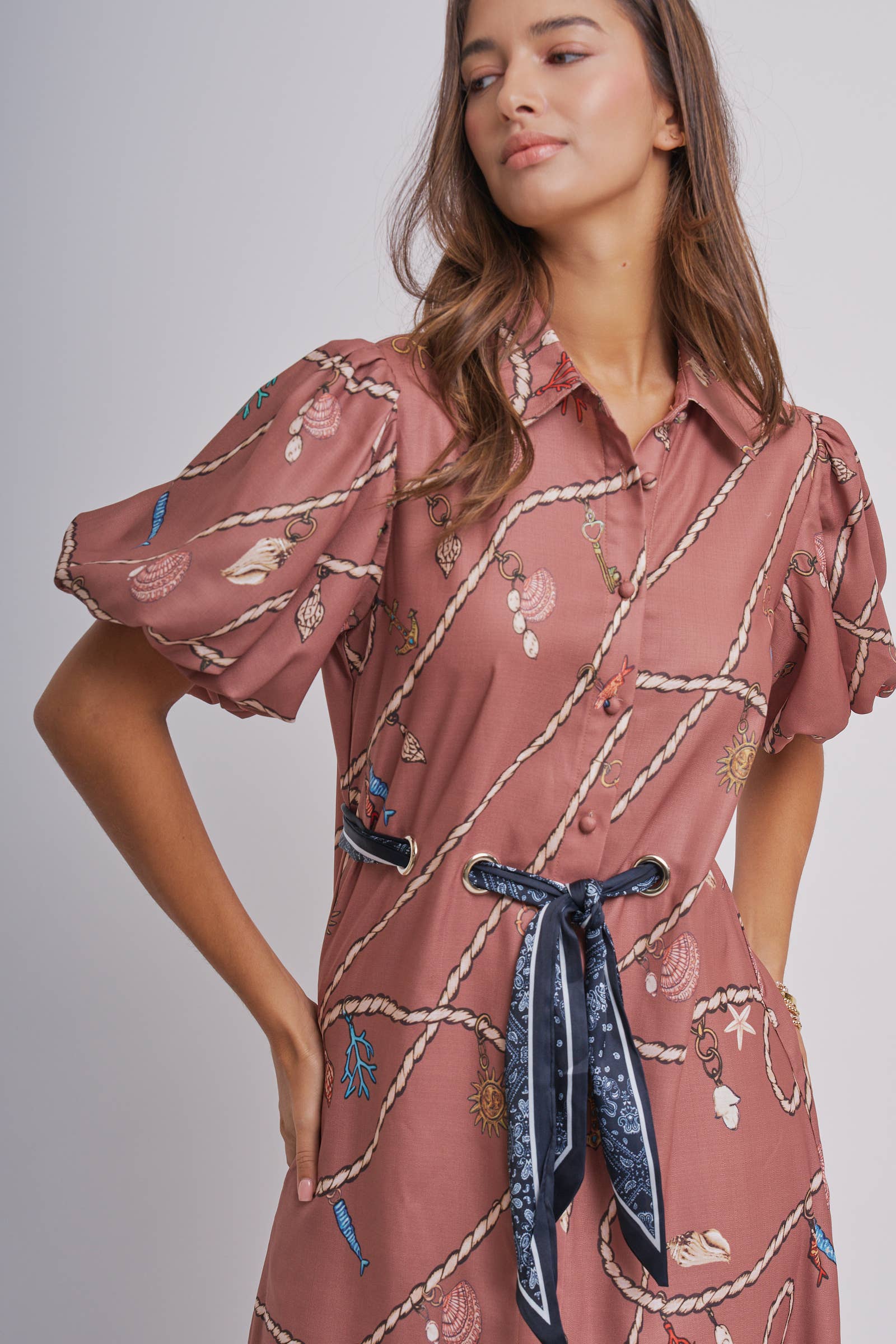 Nautical Motif Puff Sleeve Shirt Dress
