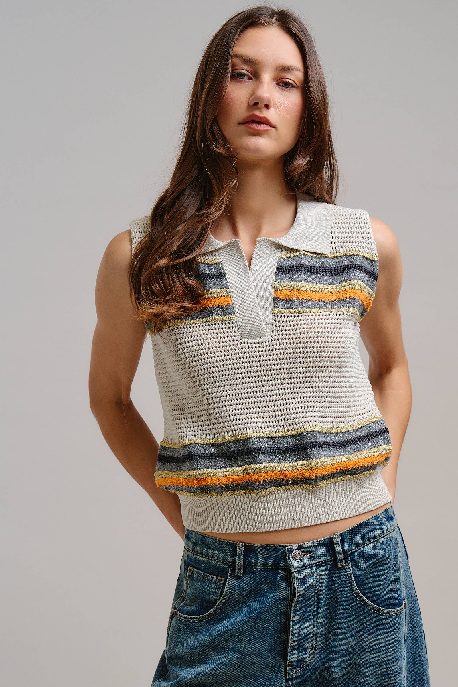 Retro Striped Metallic Knit Sleeveless Polo