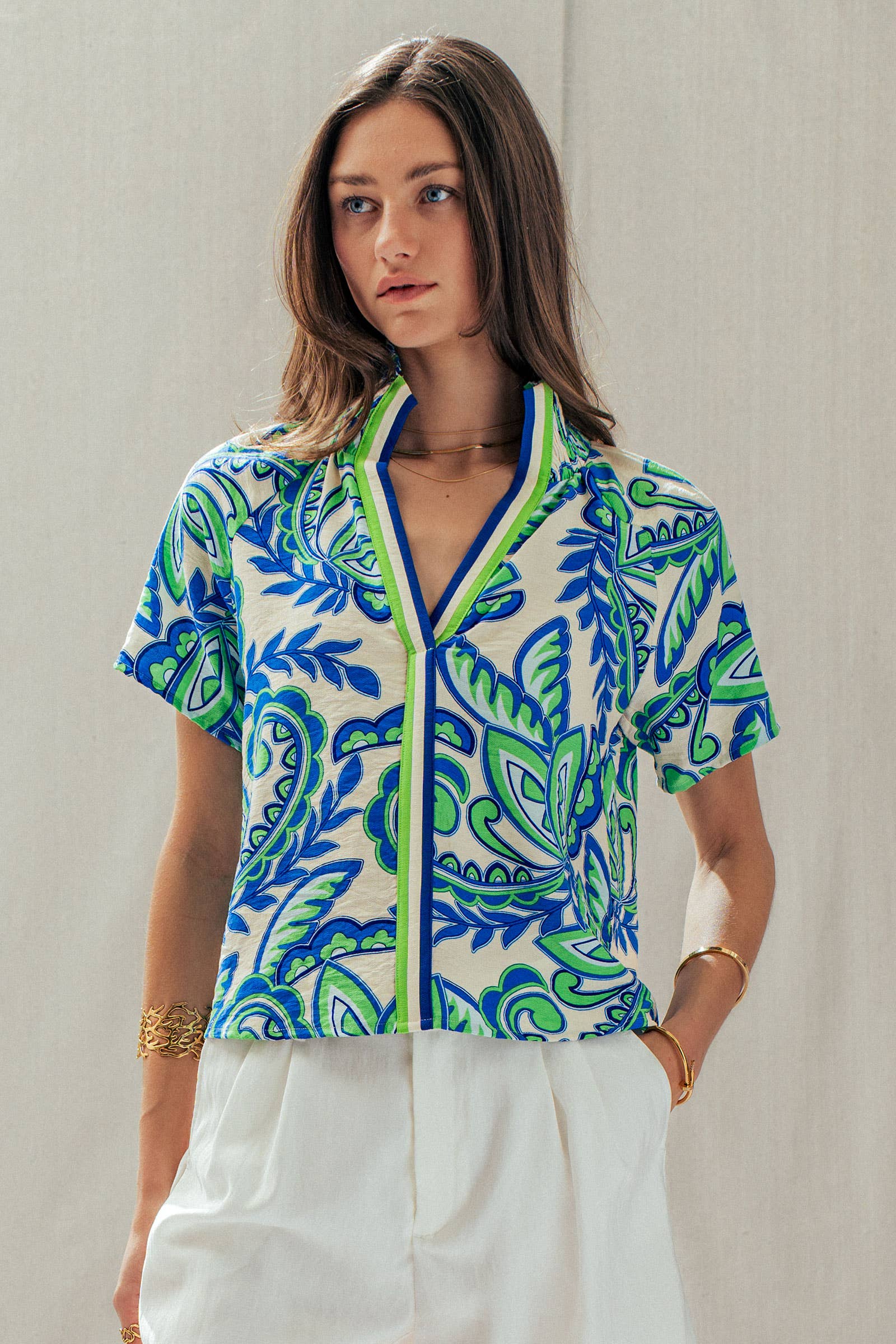 Paisley Smocked High-Neck V-Neck Blouse