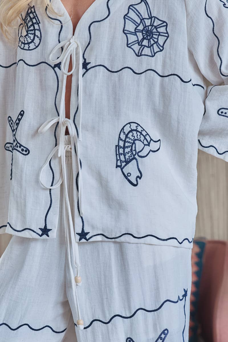 Nautical Shell Embroidered Tie-Front Top