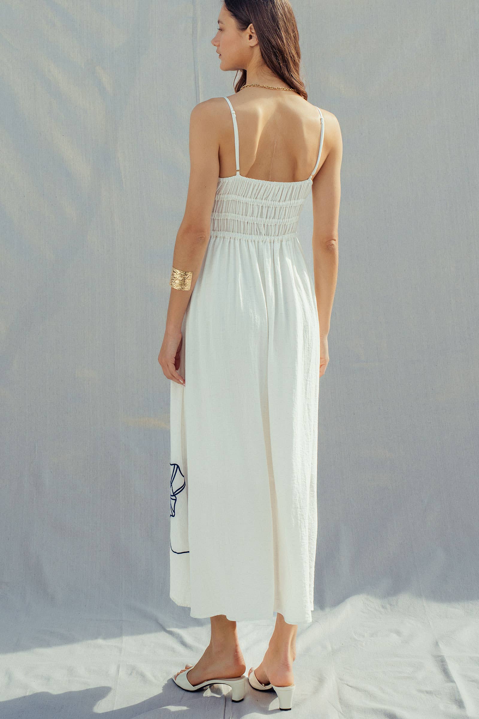 Seashell Embroidered Linen Blend Smocked Dress