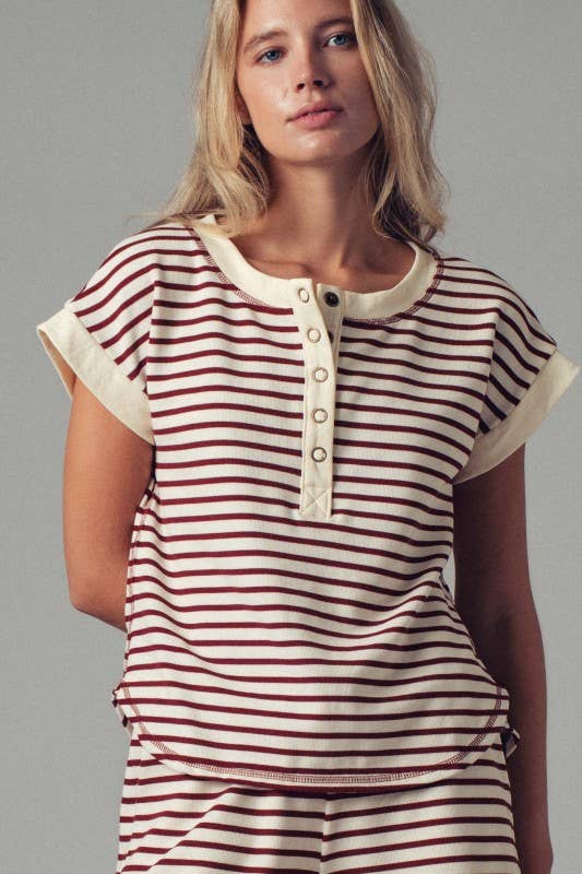 Striped Henley Button-Up Western Top