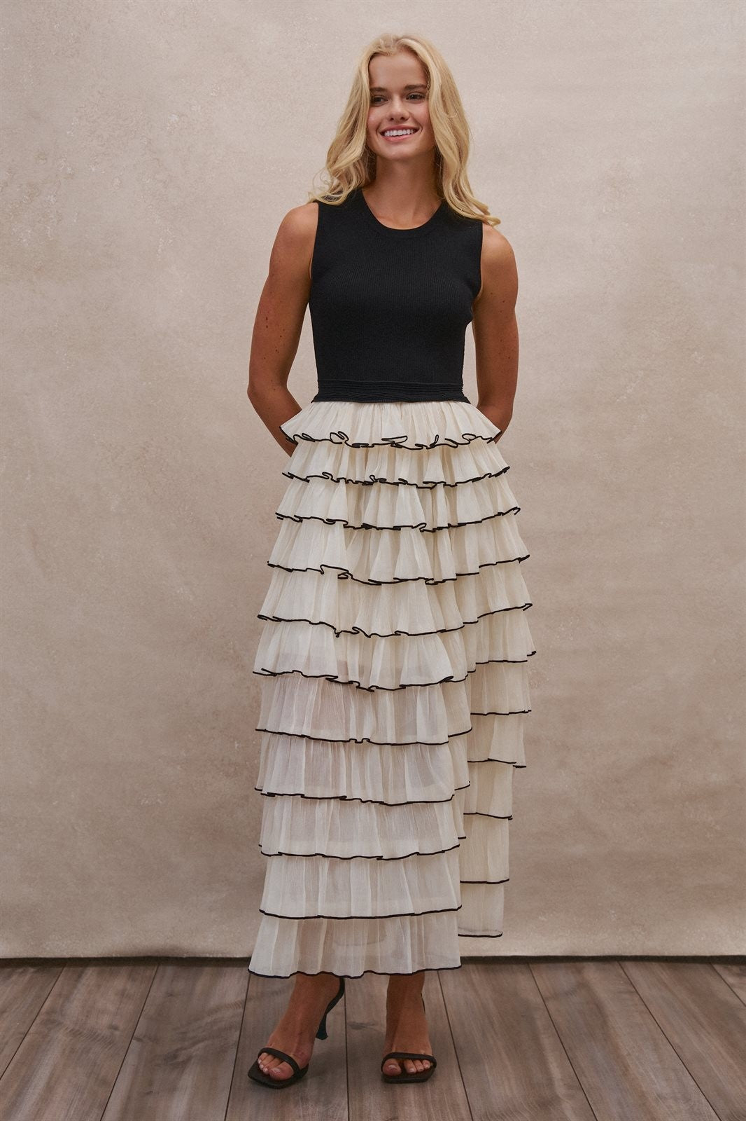Tiered Ruffle Maxi Dress with Contrast Trim in BLACK - Women's Cocktail Dresses | Urban Daizy