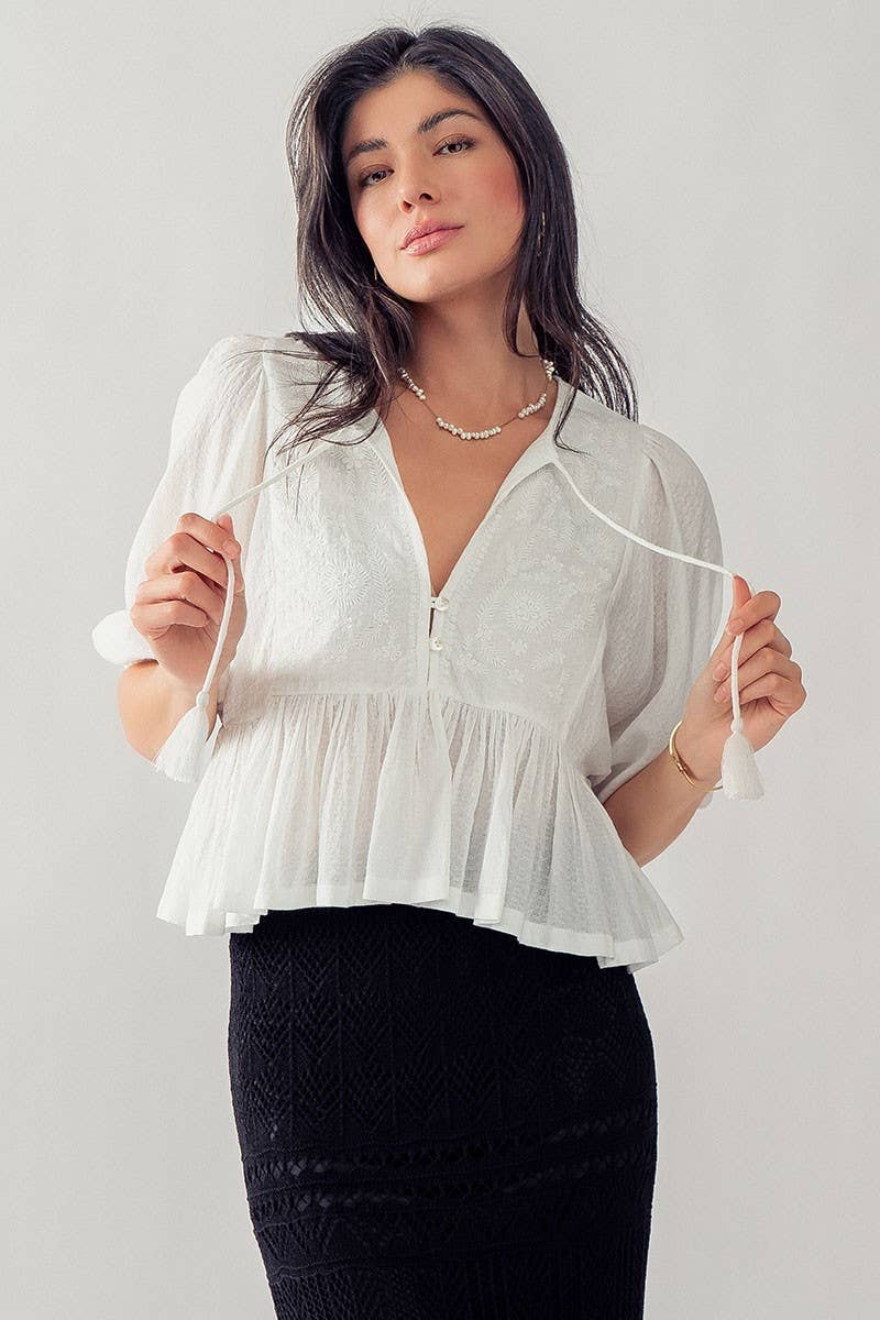 Urban Daizy Boho Embroidered Puff Sleeve Ruffle Blouse White Blouse - Women's (UDZ-TP-00705) – alternate view 23