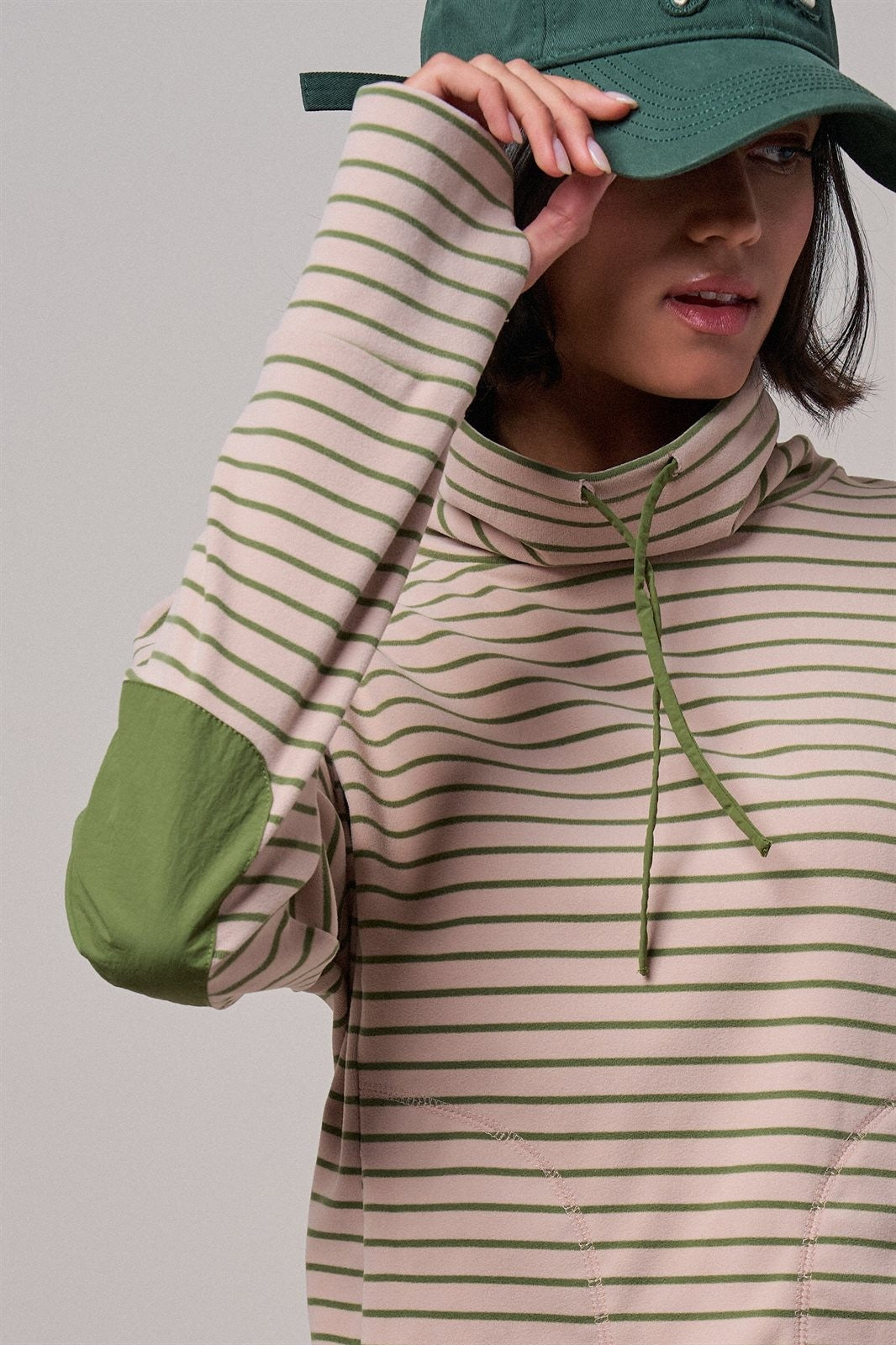 Striped Cowl Neck Drawstring Pullover Sweatshirt in PINK - Women's Sweatshirts & Hoodies | Urban Daizy
