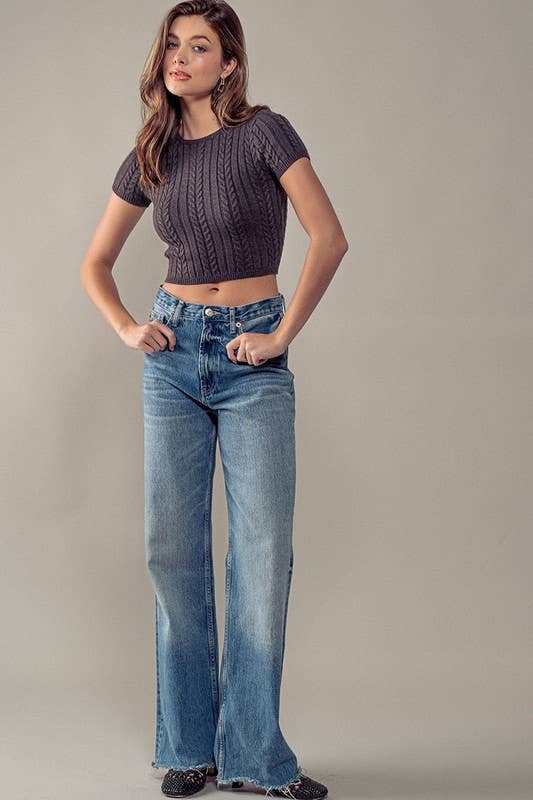 Cable Knit Cropped Slim Fit Short Sleeve Top