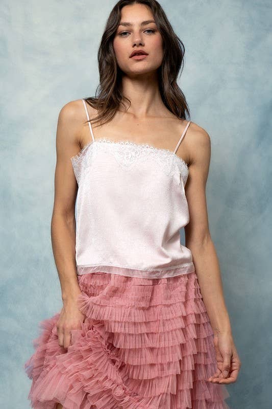 Scalloped Lace Trim Satin Camisole Top