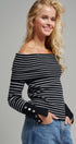 Off-Shoulder Striped Knit Top with Button Cuffs in BLACK - Women's Sweaters | Urban Daizy
