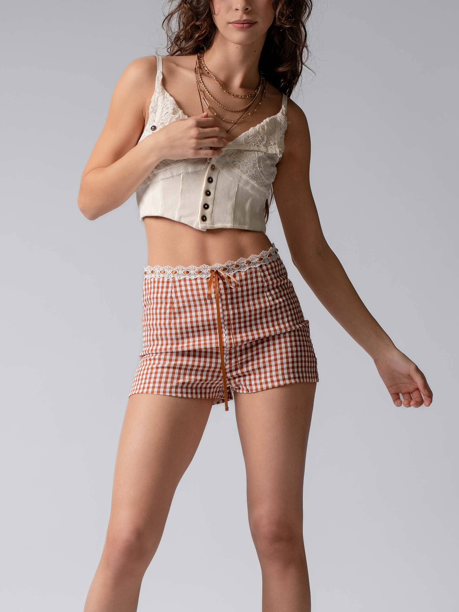 Urban Daizy Gingham Scallop Trim Shorts Brown Shorts - Women's (UDZ-PT-00474) – alternate view 17