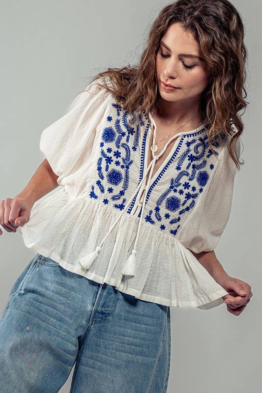 Urban Daizy Boho Embroidered Puff Sleeve Ruffle Blouse White Blouse - Women's (UDZ-TP-00705) – alternate view 5