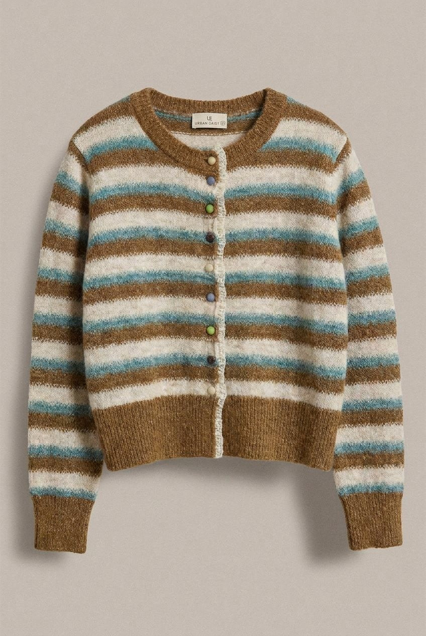 Lace Trim Striped Cardigan Coastal Grandma Preppy for Women in BROWN BLUE - Women's Cardigans & Shrugs | Urban Daizy