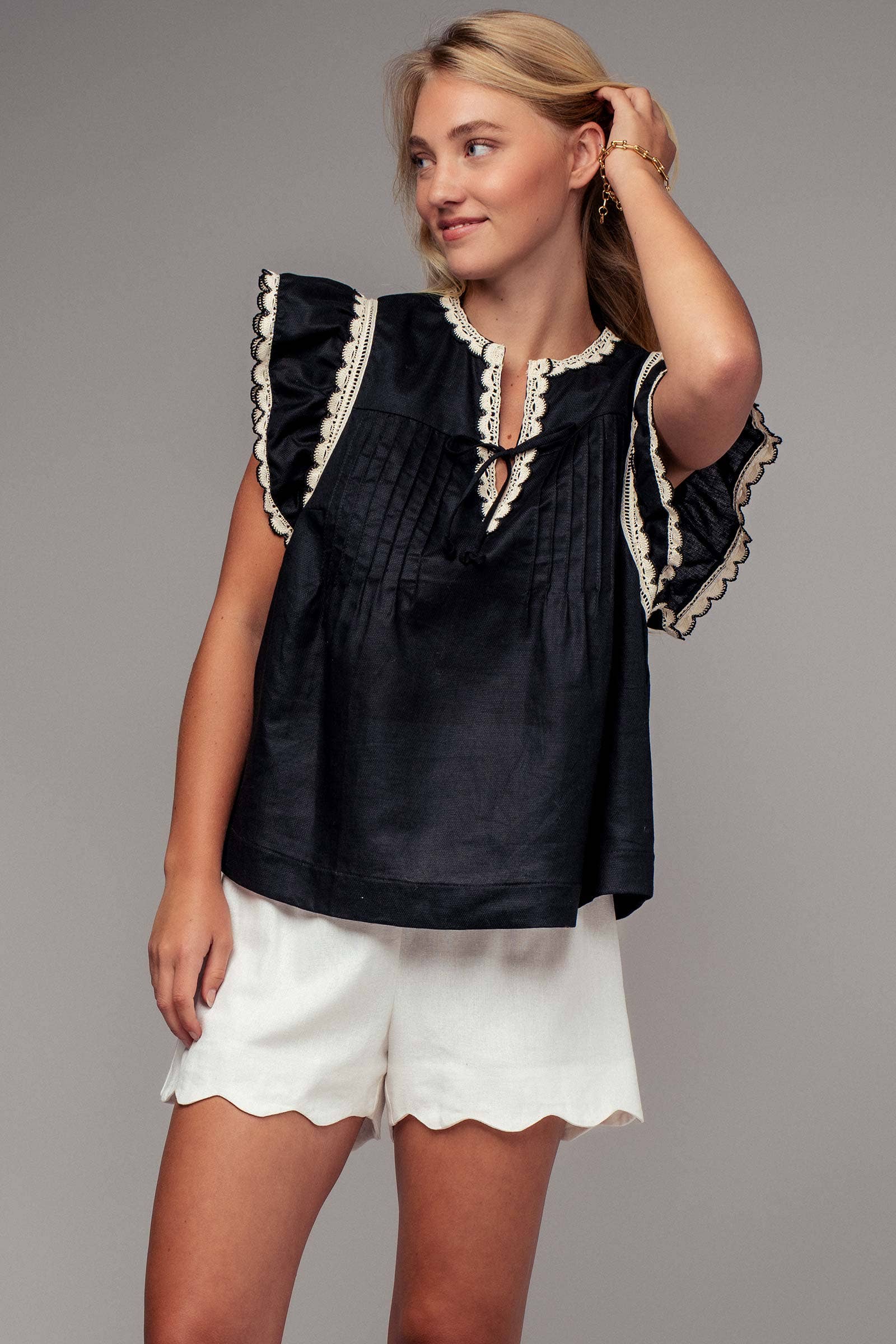 Urban Daizy Lace Trim Pintuck Flutter Sleeve Blouse Black Blouse - Women's (UDZ-TP-00810) – alternate view 6