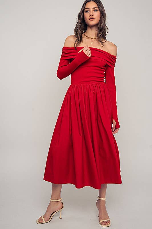 Urban Daizy Elegant Off Shoulder Ruched Long Sleeve Spring Midi Dress Red Dress - Women's (UDZ-DR-00366) – alternate view 2