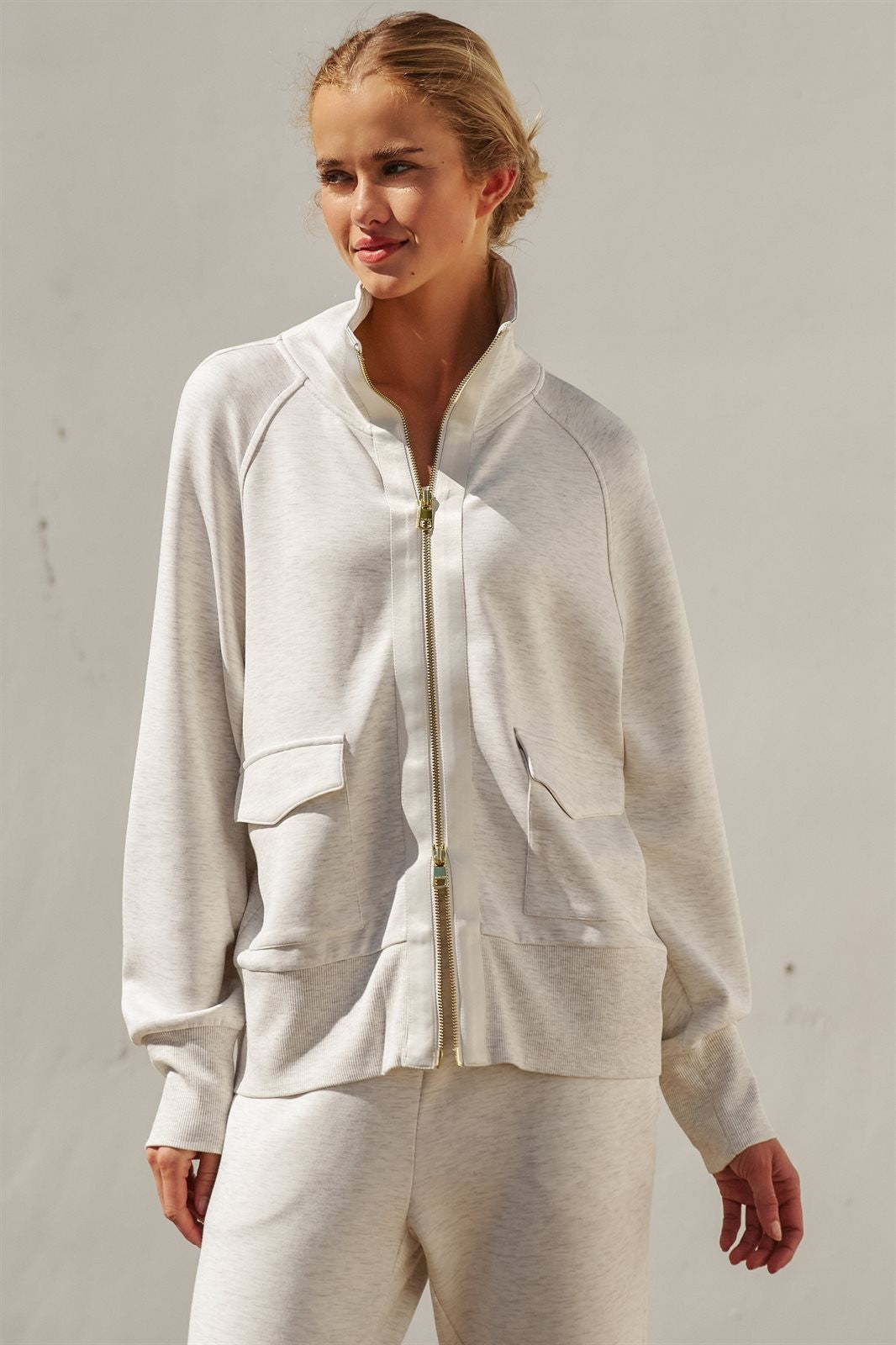 Scuba Zip Up Track Bomber Jacket Pilates Athflow for Women in WHITE MELANGE - Women's Jackets & Blazers | Urban Daizy