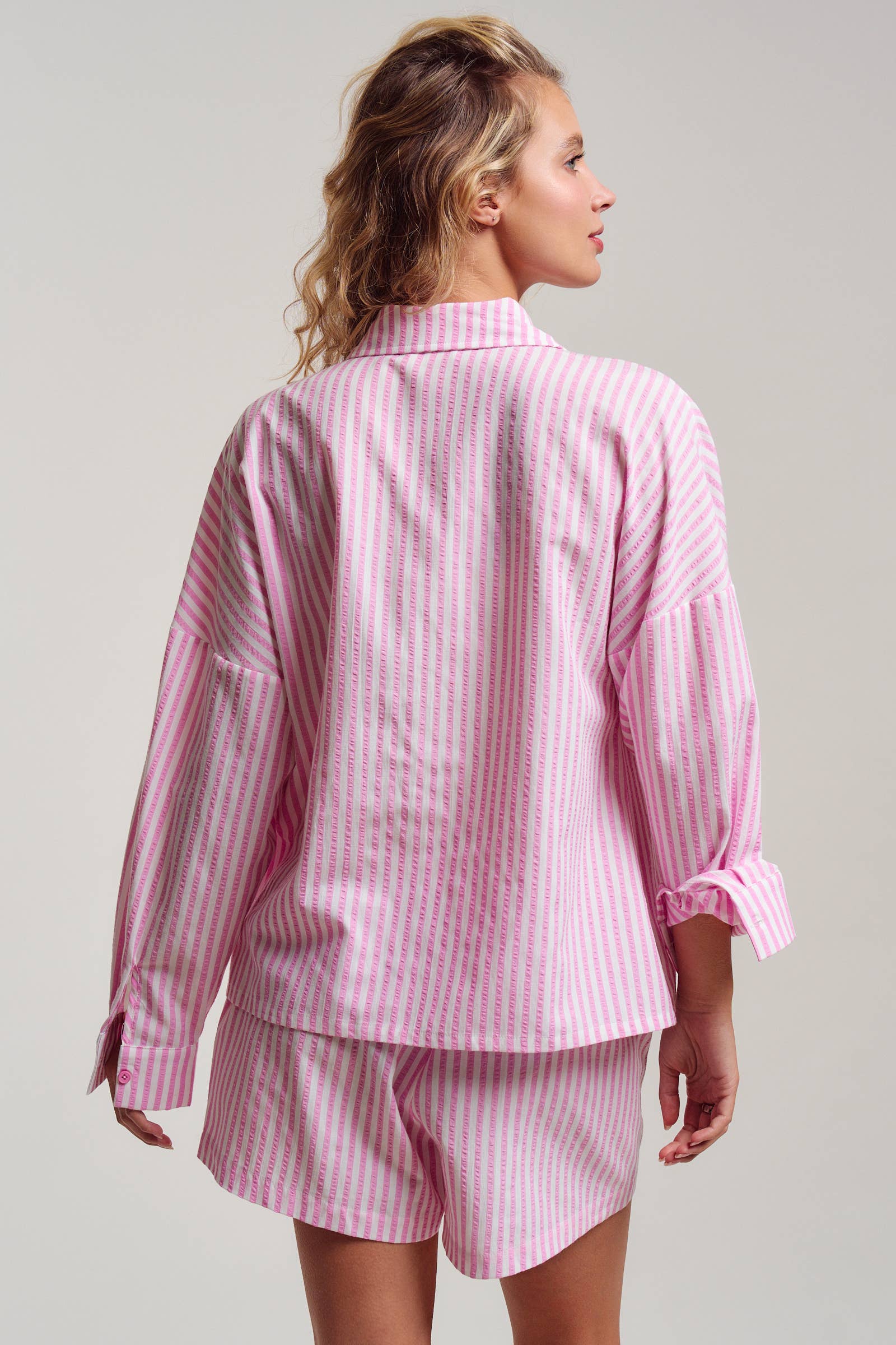 Urban Daizy Striped Seersucker Button-Down Shirt & Shorts Set Blue Lounge Set - Women's (UDST0148-Blue) – alternate view 6