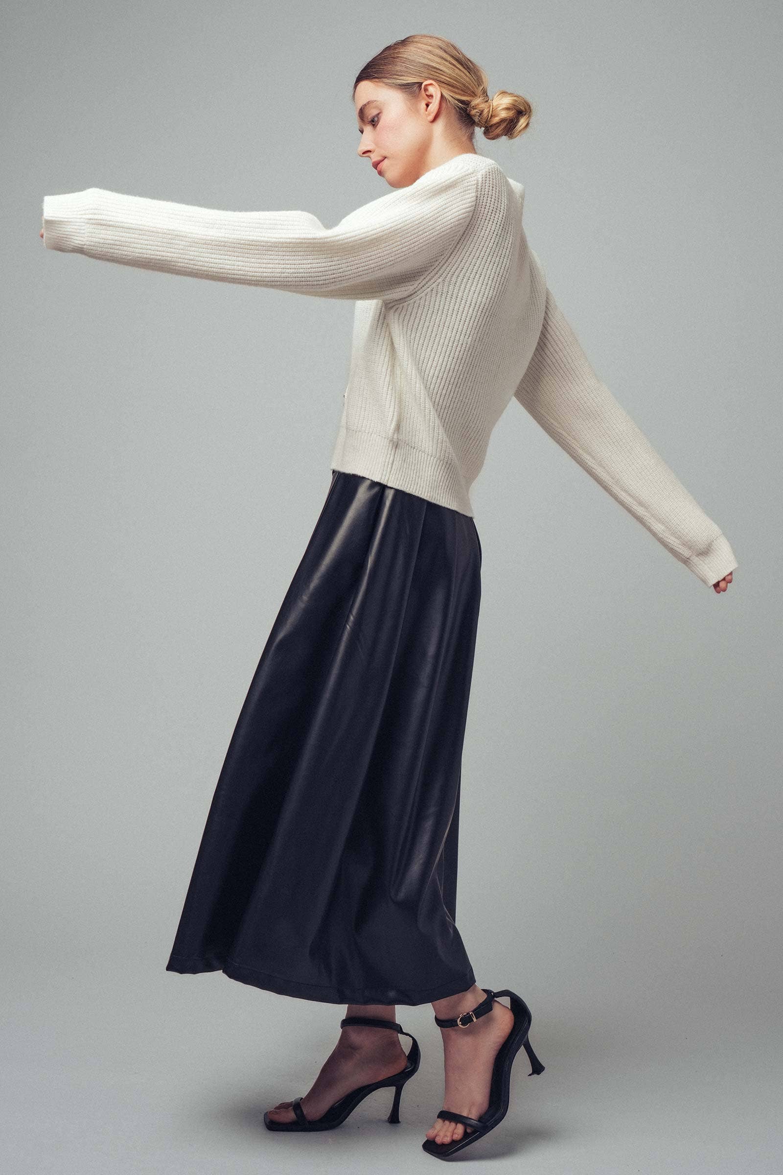 Faux Leather Contrast A-Line Midi Dress