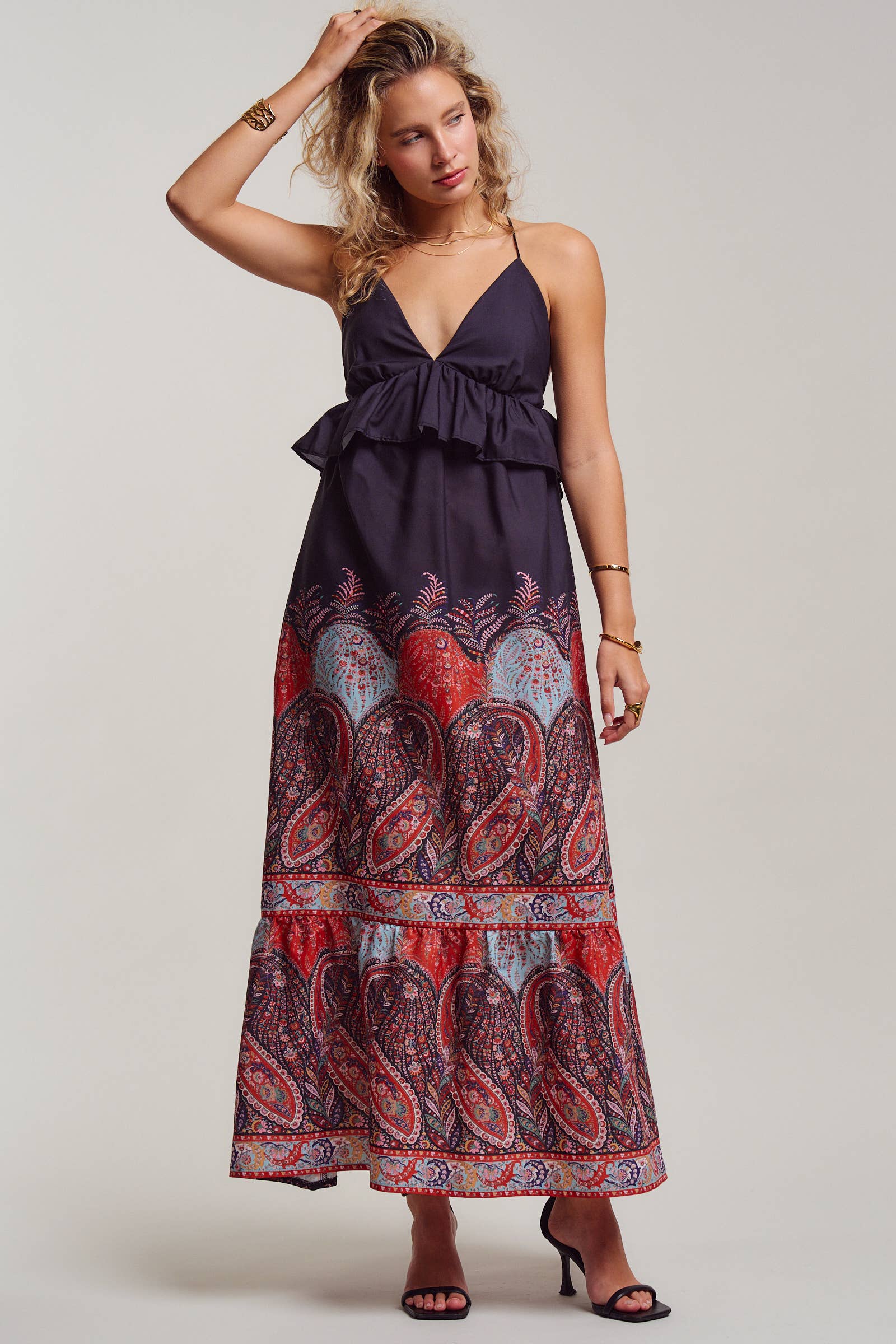 Urban Daizy Paisley Border Print Ruffle Overlay Maxi Dress Black Dress - Women's (UDDR0351-Black) – alternate view 10