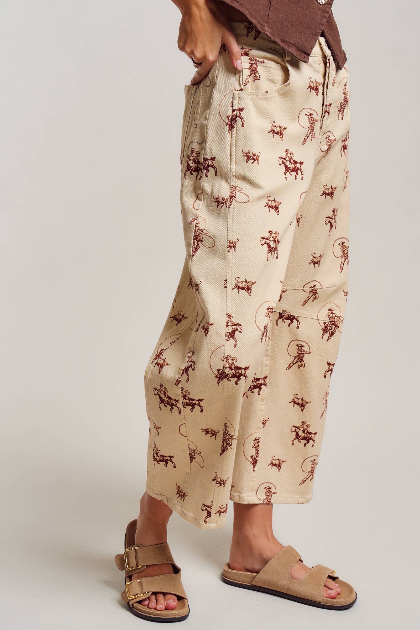 Urban Daizy Western Toile Print Barrel Leg Stretch Pants Lt-Khaki Pants - Women's (UDPT0076-Lt-Khaki) – alternate view 6