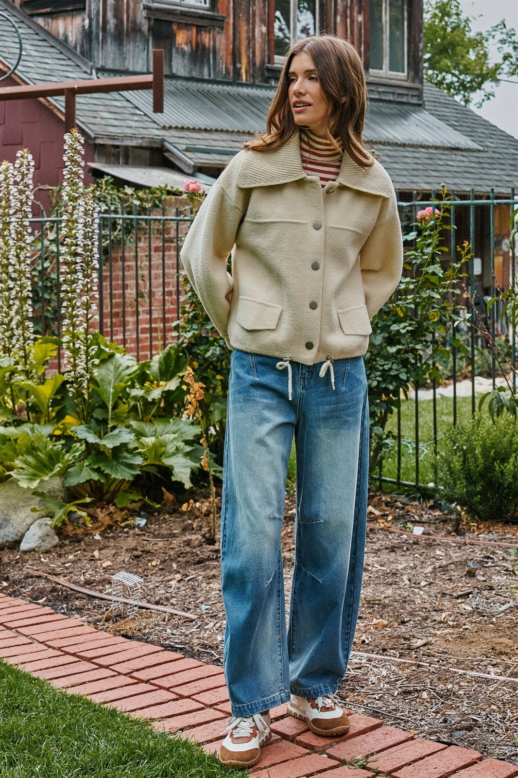 Sweater Knit Button Front Jacket with Detachable Collar in IVORY - Women's Jackets & Blazers | Urban Daizy