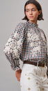 Floral Embroidered Gingham Blouse in Romantic Prairie Style in BROWN NAVY - Women's Graphic T-shirts | Urban Daizy
